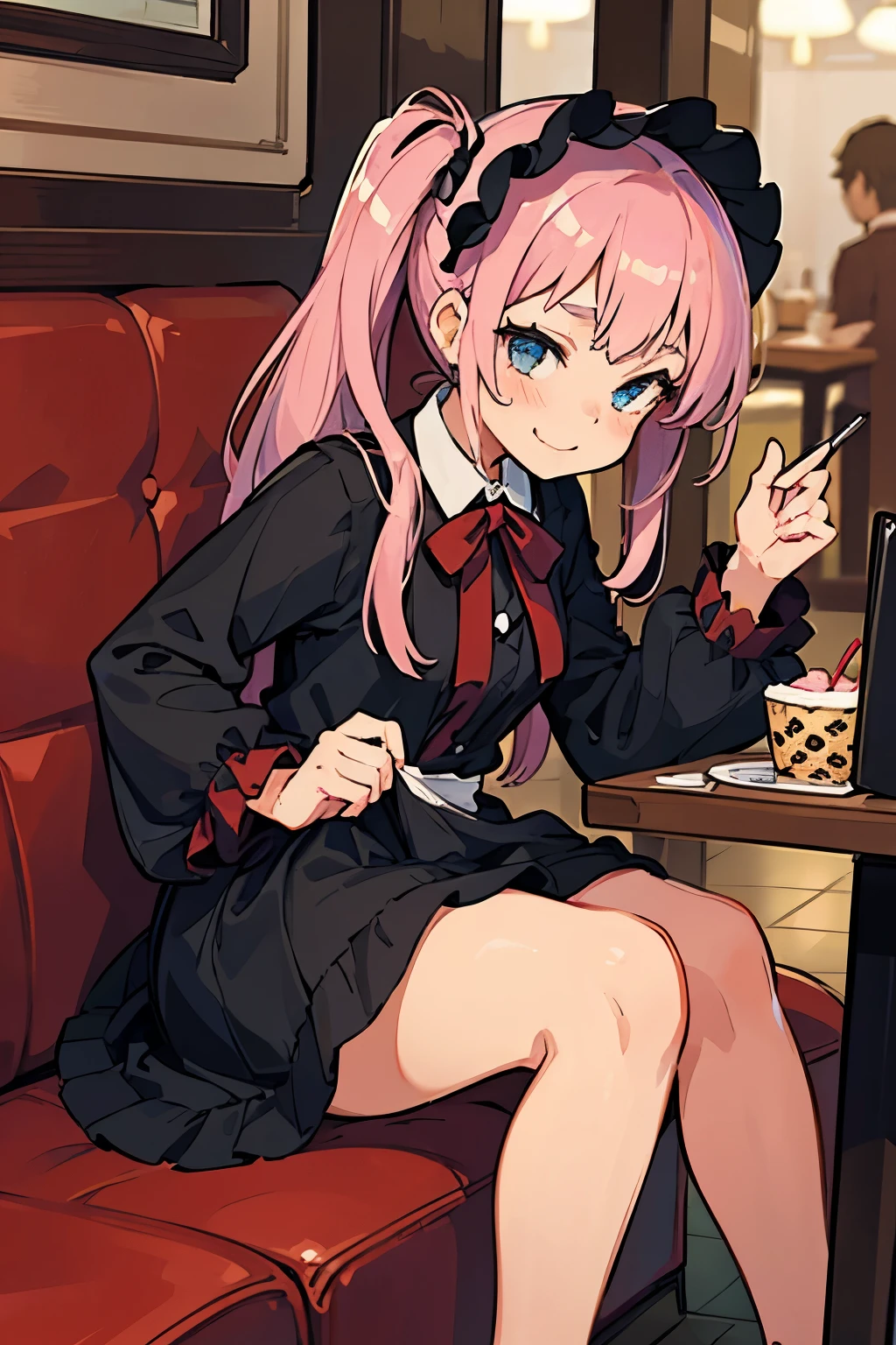 young girl with pink hair long twin-tail hairstyle, small thick eyebrows, with gothic lolita clothes, lolicon (Zankuro) drawing style of the zankuro artist, Zancrow style, image uploaded to R34, walking in the mall, flirty smile , suddenly having sex in public, doggy style sex , ((public sex in restaurant))
