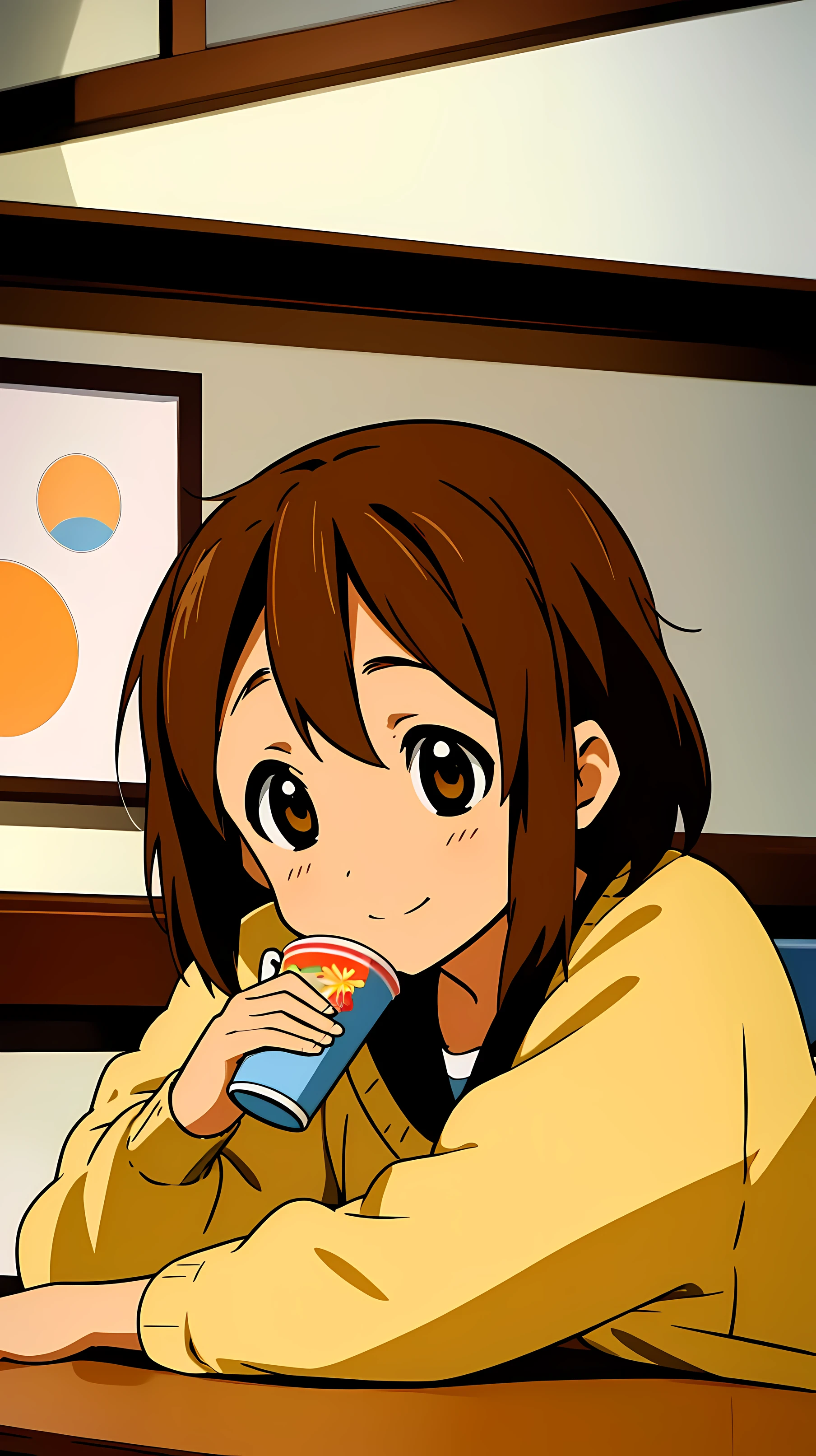 ((Masterpiece)), Hirasawa Yui, 1girl, He laughs, Short body, short brown hair, , Sitting at the table, Hold a cup of tea, school, inside, close up