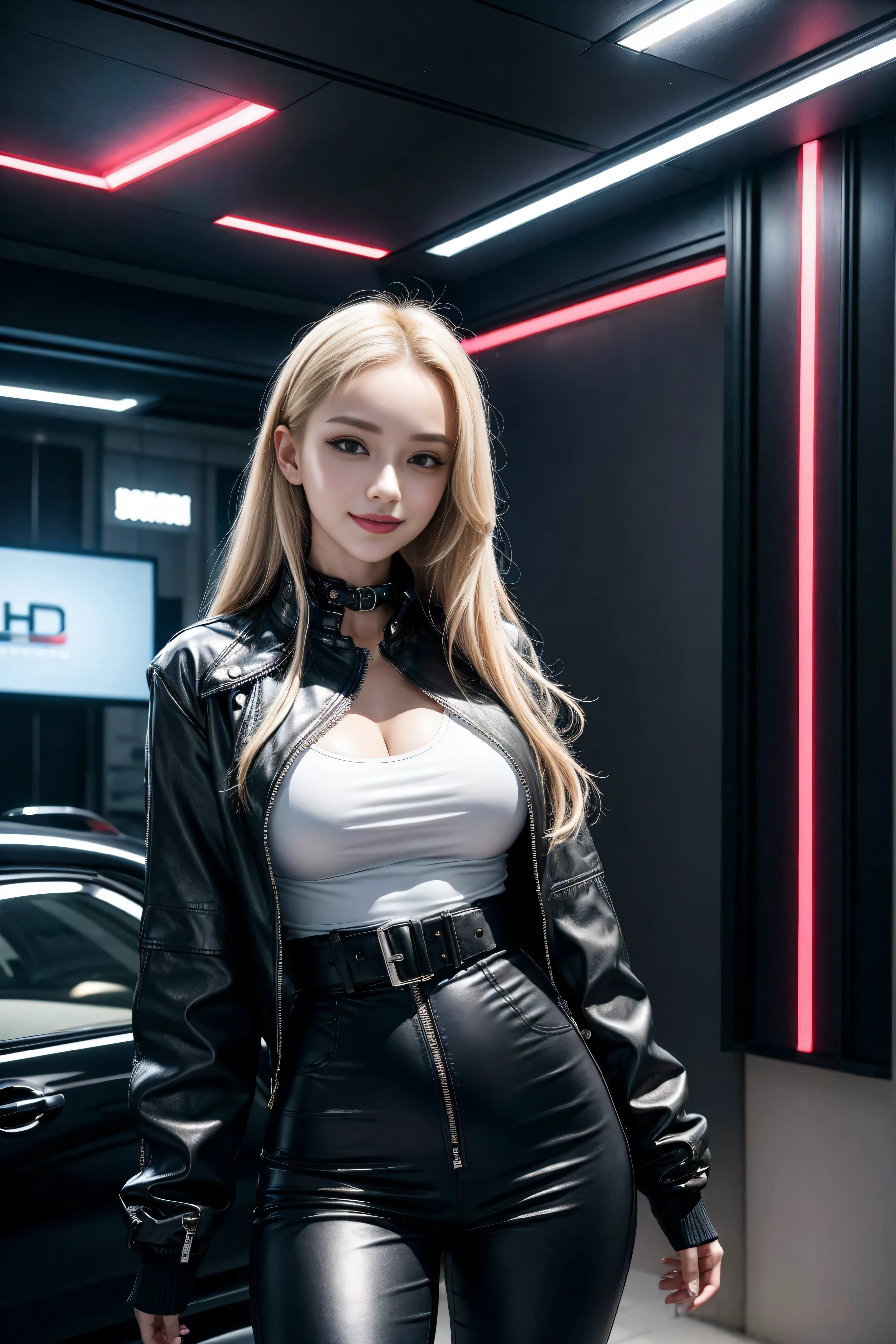 ta, Smile, 20 years old, ((best quality)), ((masterpiece)), (HD:1.3), 3d, fair (cyberpunk:1.3), Stylish woman in black leather jacket looking at camera, sleeveless, Awkward, Invisible waist skin, Blue and black leather pants, silver zipper,belt below waist,Super fair illustrations,blond , Show forehead, Silver center zip, Leather white jumpsuit, Sleeves available in blue and black, shining, blond马尾辫