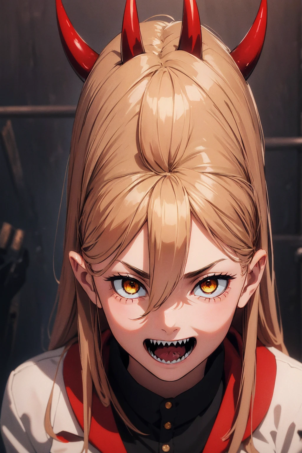 tmasterpiece, (Sharp teeth:1.1),(Ultra detailed backgrounds, delicate patterns, Complicated details, highly detailed, finely detailled), Best quality at best, strength, 1girll, banya, solo, teeth, Mischievous,A mischievous smile,dentes pontiagudos, cross-shaped pupils, long whitr hair, Yellow eyes, ((blond hairbl, little breast)), Red horn, jaket, (complex detailed background), (((cross-shaped pupils, pupils in symbol shapes)))