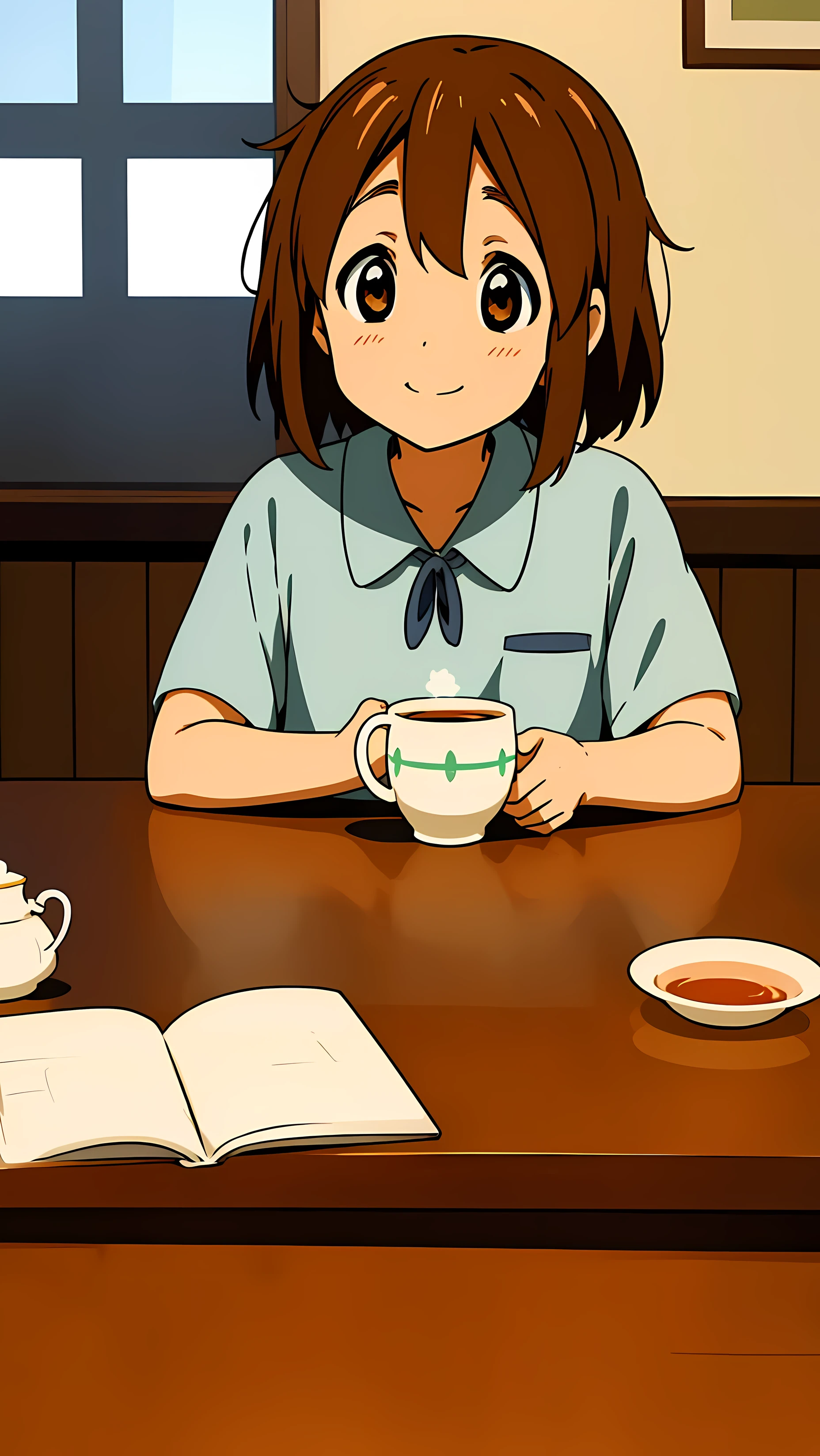 ((Masterpiece)), Hirasawa Yui, 1girl, He laughs, Short body, short brown hair, , Sitting at the table, Hold a cup of tea, school, inside, close up