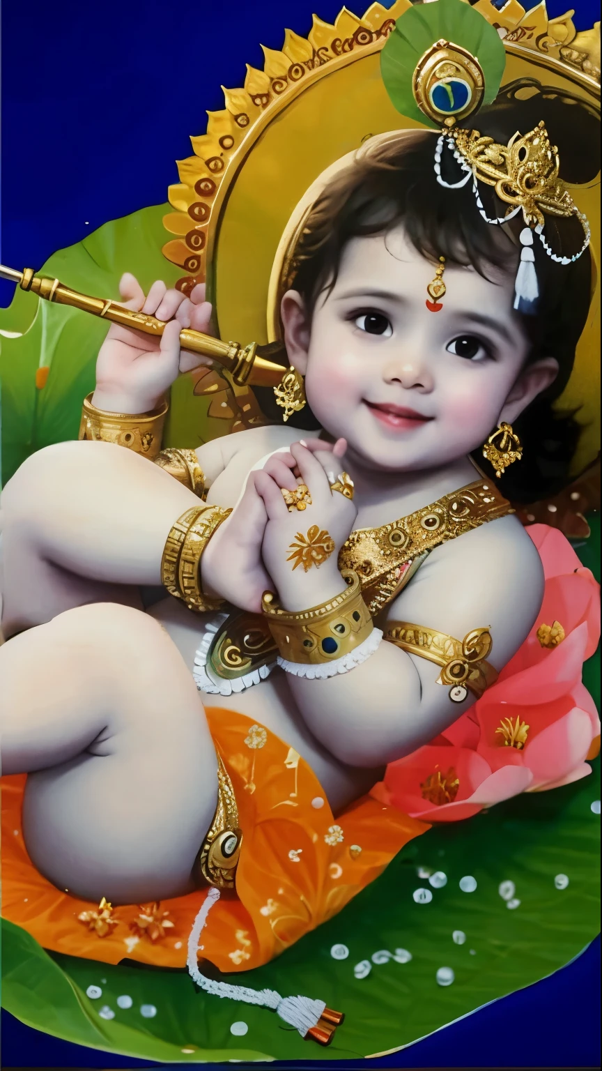 Baby Krishna holding his feet and golden flute, lying on a lotus leaf, adorable face, cute smile