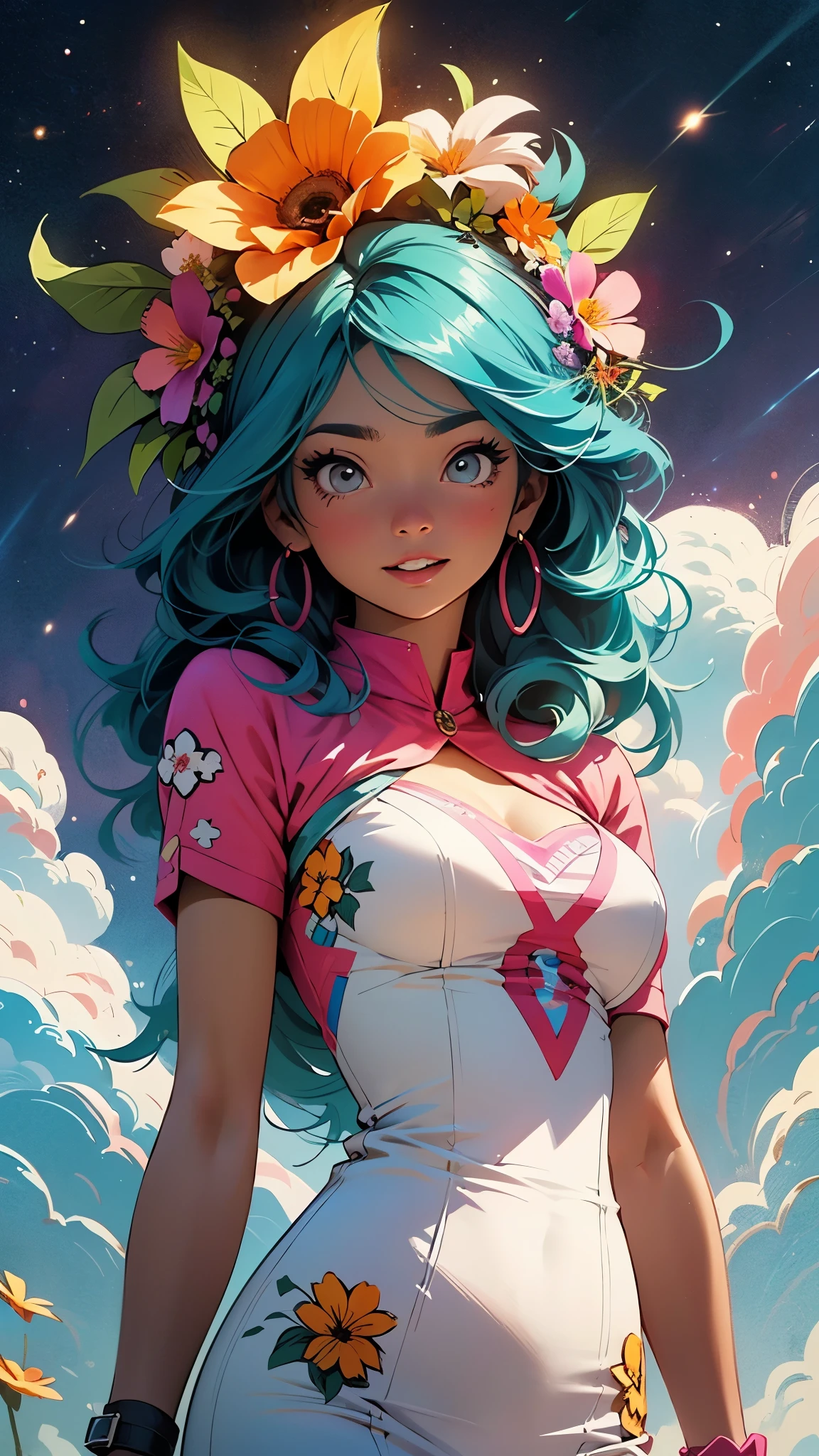 Girl standing in the clouds staring up as the stars, stars floating around her, brilliant colors, amazing swirls of cosmic dust, colorful vibrant, light particles, Create digital artwork in the Pop Art style, Featuring a vibrant and confident young Asian girl,street fashion (breast), Movie color scheme, Surrounded by vintage flower motifs, Vibrant brushstrokes,Emotions should be dynamic, Upper body, Drawing, illustration, escala cinza, tropical, Many flowers,