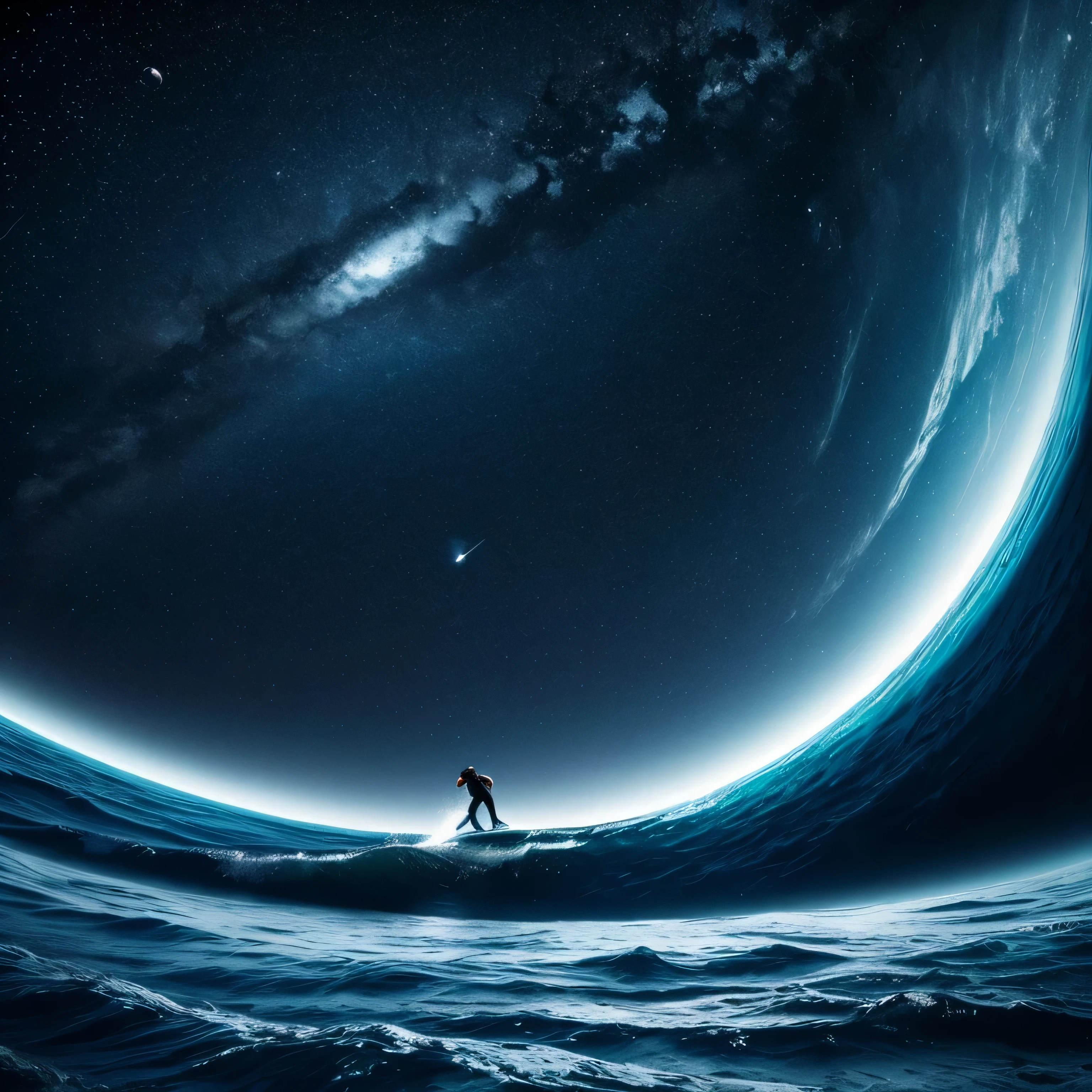 cinematic photography of perfect real waves in the middle of outer space. conceptual, Artistic Image