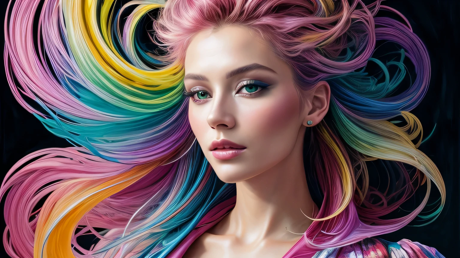 Mulher bonita e colorida: Mulher de 25 anos, Messy hair, oil painting, beautiful and rosto perfeito with soft skin, rosto perfeito, pink green cores, light and violet magnetic additions, light red additions, Doutor, wearing Doutor's coat or suit holding newborn baby on lap intricate details home screen masterpiece in 8k resolution beautiful face photorealistic digital painting artstation smooth fluid black paint: Photorealistic masterpiece in 8K resolution: fluido de pintura em guache intrincadamente detalhado: by John Baptist Mongue: caligrafia : acrylic: Arte em aquarela, fotografia profissional, natural lighting, Ilustra??o fotografica maximalista com ilumina??o volumetric: por Marton Bobzert: complex, elegante, expansivo, Fantastic