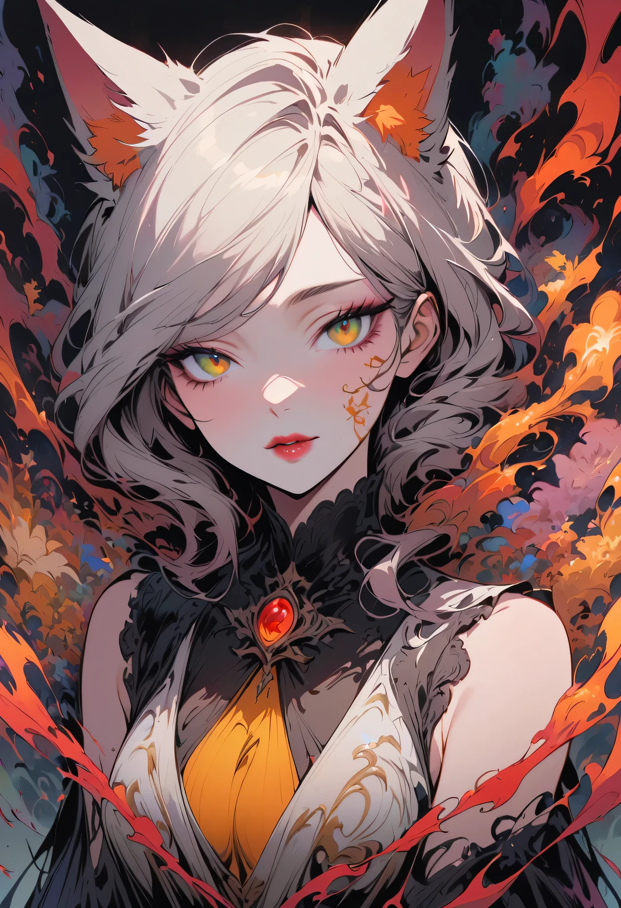 Upper body standing painting, imagine, panoramic, Honey, alone, Pale complexion, (fox ears), exquisite eyes, details on face, green eyes, red eye shadow, lips are red, white magic dress, careful, giggle, Ukiyo-e, masterpiece, high quality, at a minimum, Tiny,