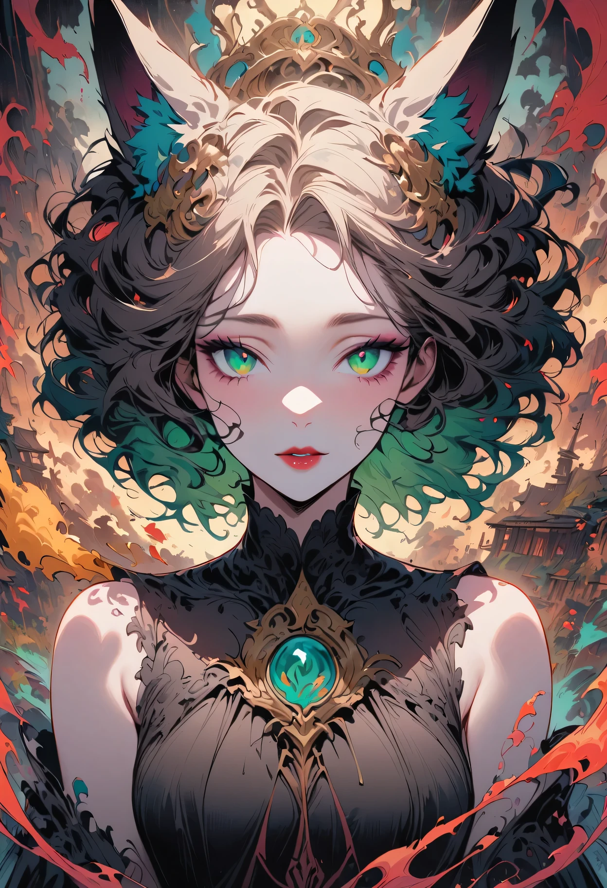 Upper body standing painting, imagine, panoramic, Honey, alone, Pale complexion, (fox ears), exquisite eyes, details on face, green eyes, red eye shadow, lips are red, white magic dress, careful, giggle, Ukiyo-e, masterpiece, high quality, at a minimum, Tiny,