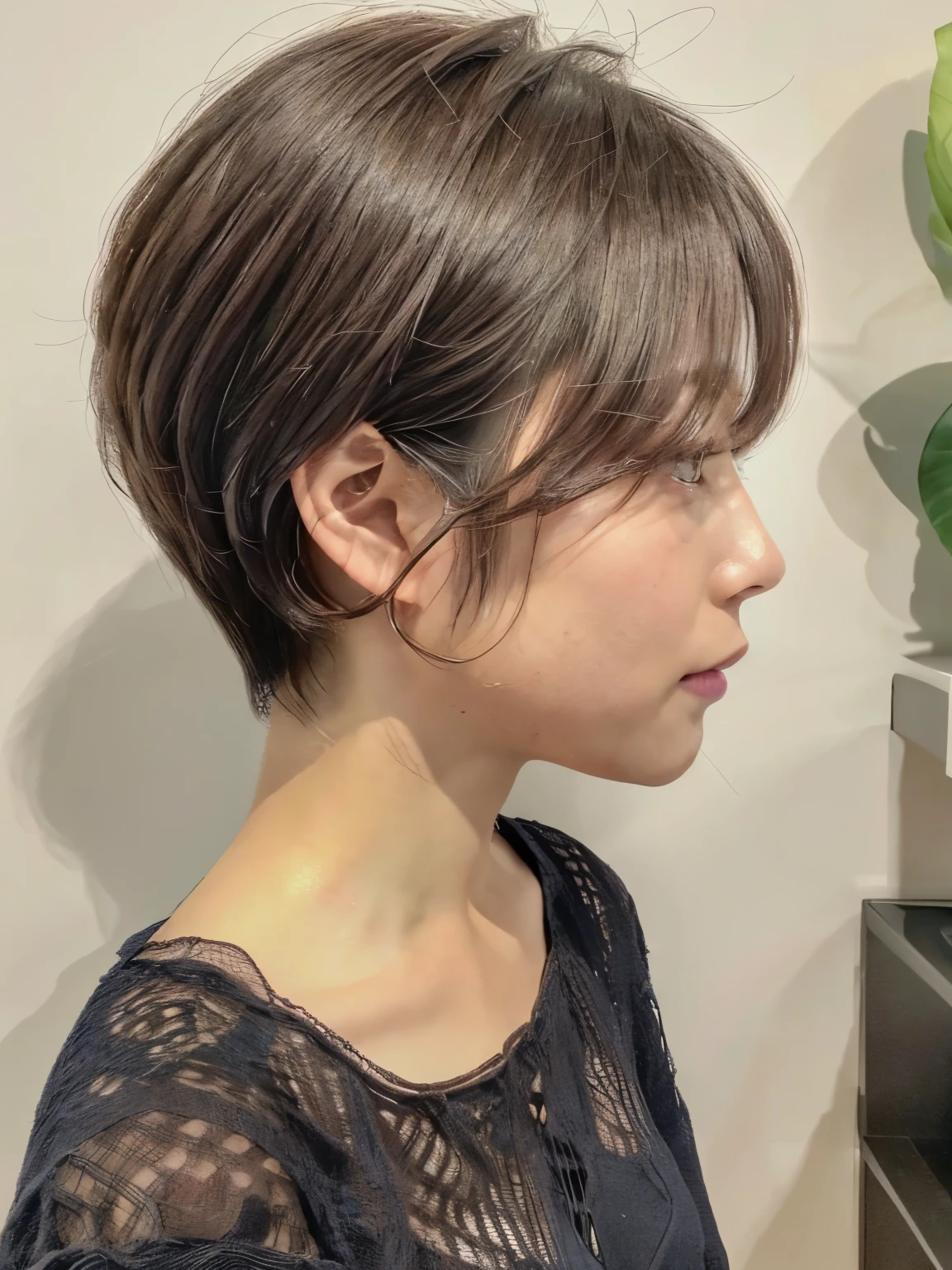 ((I have mesh in my hair))、((highlight colorヘア))、((highlight color))、8K、(RAW photo)、(最high quality)、(Photoreal:1.4)realistic to the touch realistic、light gray long sleeve dress、(4K high quality:1.2)、(High resolution, table top, 最high qualityの, high detail, formal: 1.4), (realistic: 1.2, 超realistic: 1.1, realistic: 1.37), Depth of the bounds written, (Detailed explanation of hair), (Detailed description of the face), unparalleled beauty,, (35 years old,: 1.4)、spring clothes、I'm a little depressed、(white wall room with window、Shot in a beauty salon)、natural soft light、short hair、短いshort hair、realistic、High level image quality、high quality、profile、color by hand々pose、different hairstyles、profile、bob、shortcut