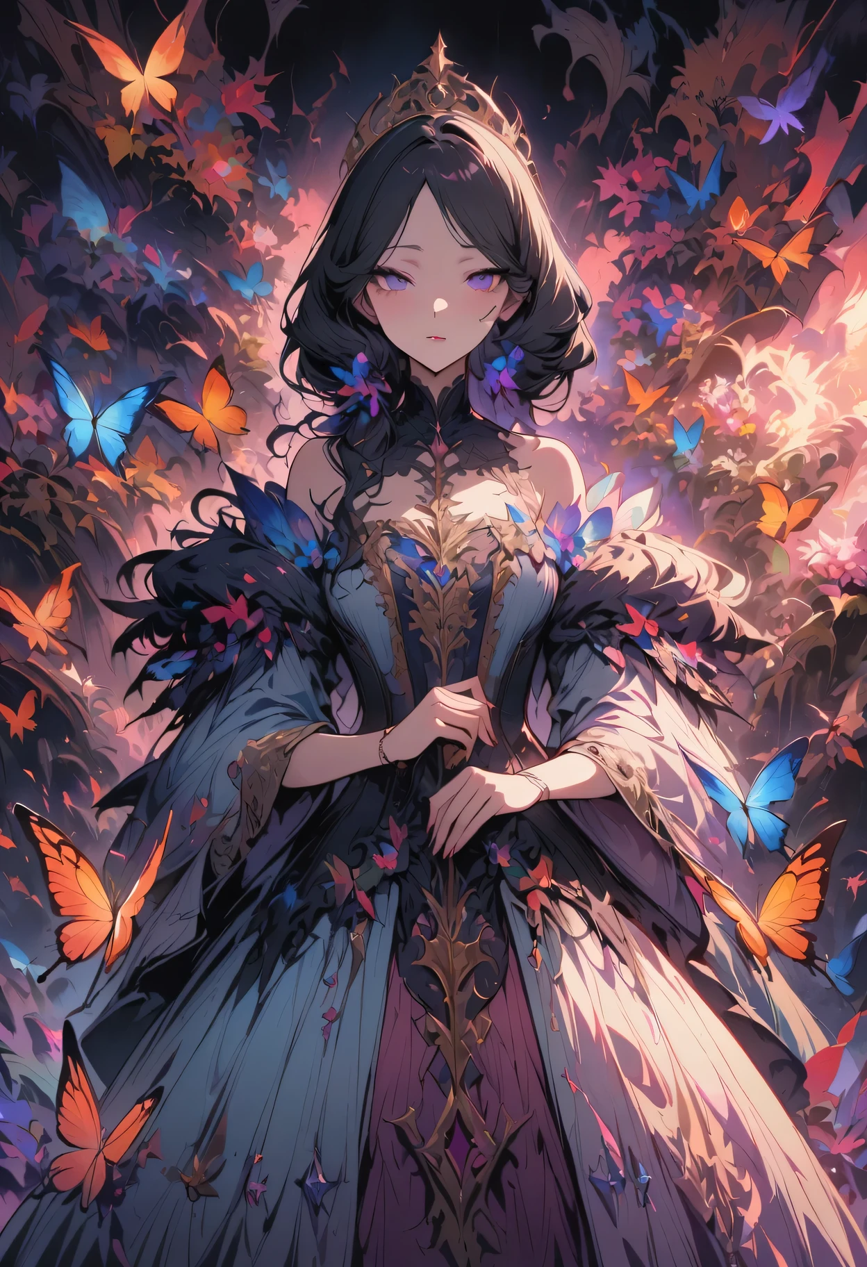 detailed textures, high quality, high resolution, high accuracy, realism, color correction, correct lighting settings, harmonious composition. Pink and gold glittery background, a symmetrical illustration of a silhouette standing under a cherry blossom tree with large pink butterfly wings in the style of anime tarot card art in the style of colorful, colorful sparkles flying everywhere, a magical, dreamy glow effect, glowing lights, vibrant colors of pink, black, yellow, white, purple, red, orange, and blue. --ar 3:4 --niji 6