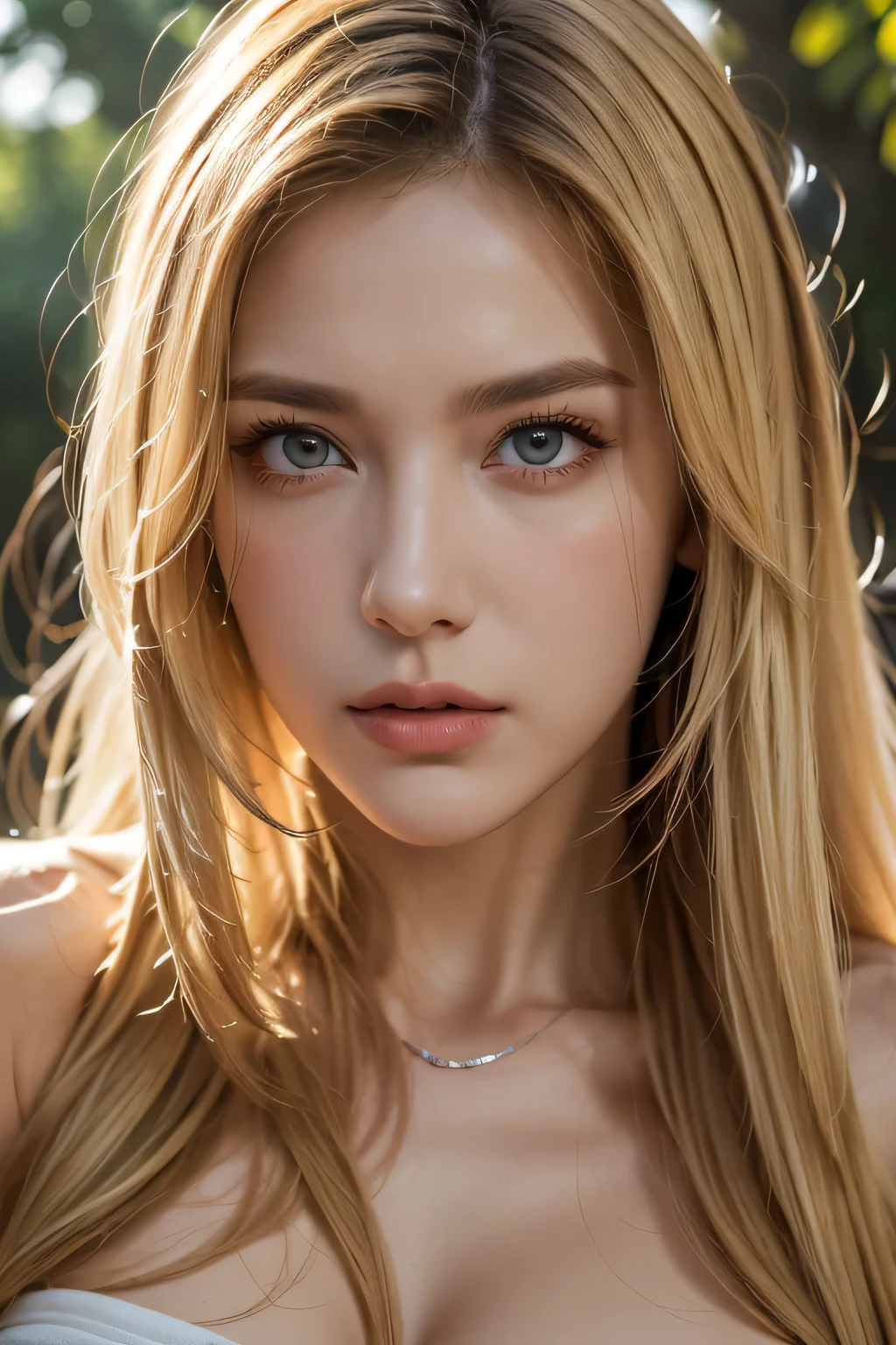 one woman, unparalleled beauty, Also々very stern look, long blonde hair, muscular body, (Tattered short white clothes), Amazons, wilderness background, looking at us with sharp eyes, Huge, exposed skin, thighs, Pose with movement, ((close up of face))