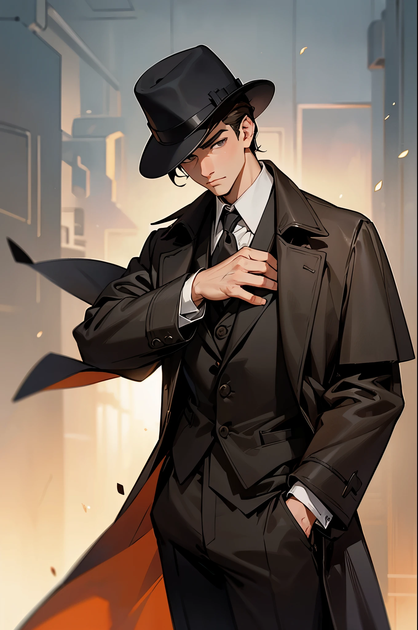 masterpiece, best quality, realistic, 1man, mature male, quiet and charming young man, 25 years old, close his eyes, serious look, extremely detailed face, ((dark grey eyes)), ((short-right-swept dark brown hair)), [thick eyebrows], detective, int the city, ((Dressed in a classic overcoat and fedora hat)), cinematic lighting, looking at the audience, posture dynamics,
