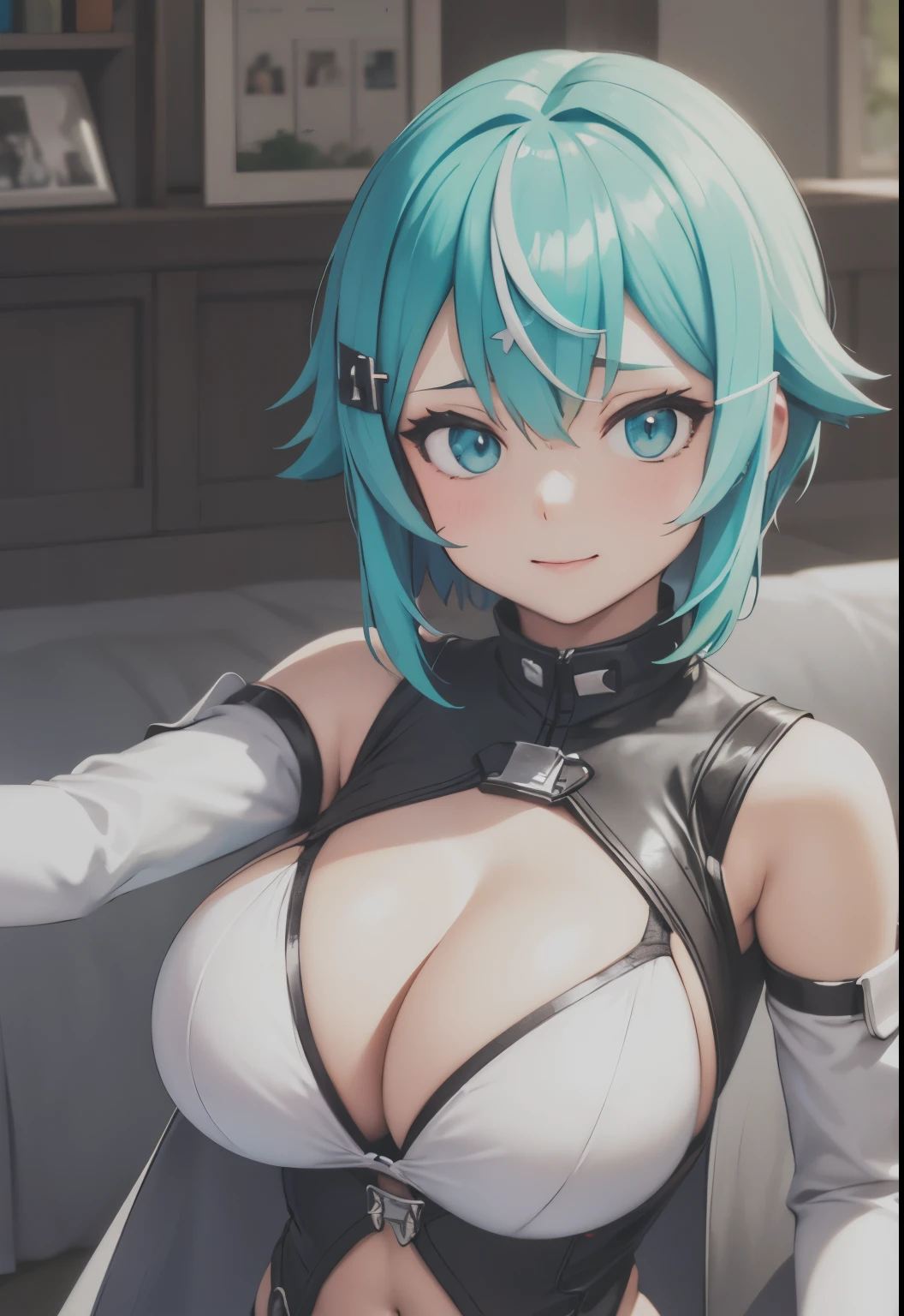 Sinon-GGO, smirk, portrait,, (seductive, alluring, charming:1.3), beautiful, (highly detailed, high quality:1.3) underwear, bra, solo, navel, breasts, huge breasts, giant breasts, huge tits, cleavage, looking at viewer, indoors, lips,