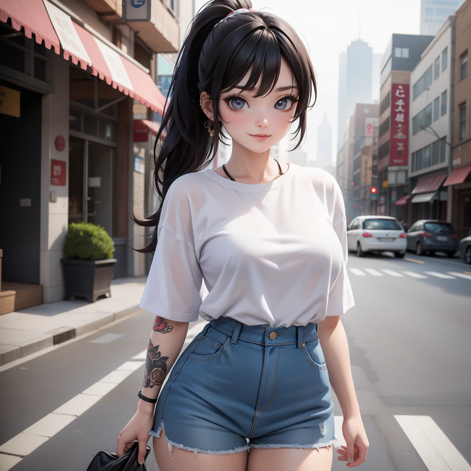 Woman, One, 18 Years old, Korean, Fat, Pale skin, Piercing, Colored tattoos, Modern tattoos, Large breasts, Big breasts, Rounded breasts, Thick thighs, Seductive smirk, Makeup, Cute face, Brunette hair, Ponytail, Bangs, Cotton shorts, Tight top, Intricate clothes, Full body, Standing, Summer, City, Street, Cinematic light, Masterpiece, Realism