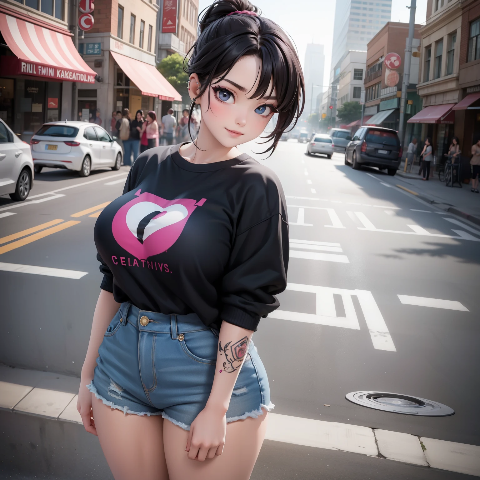 Woman, One, 18 Years old, Korean, Fat, Pale skin, Piercing, Colored tattoos, Modern tattoos, Large breasts, Big breasts, Rounded breasts, Thick thighs, Seductive smirk, Makeup, Cute face, Brunette hair, Ponytail, Bangs, Cotton shorts, Tight top, Intricate clothes, Full body, Standing, Summer, City, Street, Cinematic light, Masterpiece, Realism