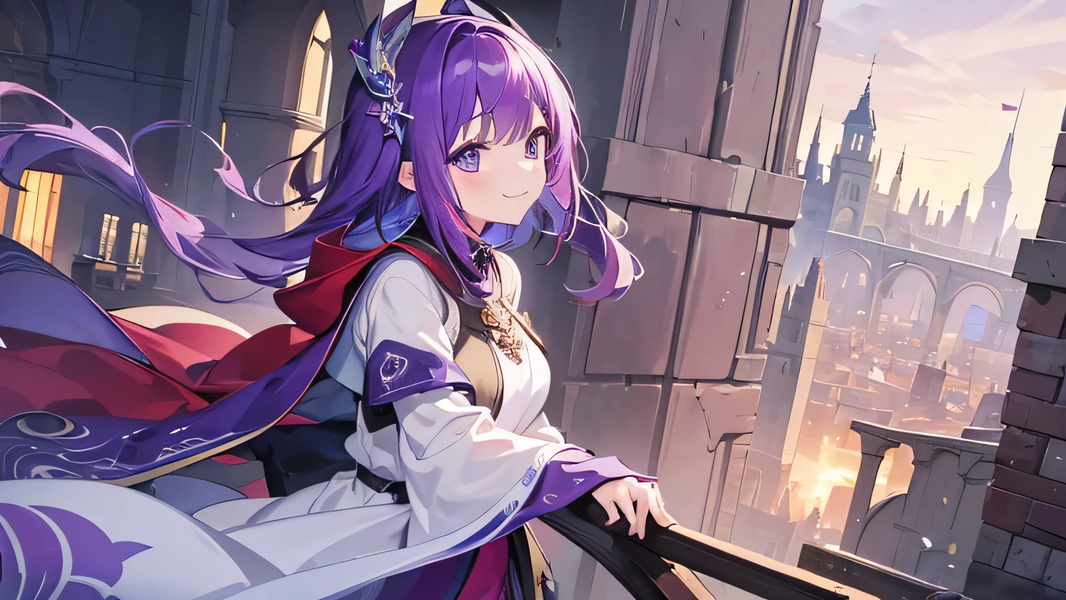 (T Masterpiece,4k wallpaper,best quality))、((girl1people))、(solo)、Shining and vivid,(purple hair)、(shortcut:1.3)、smile、middle ages、city、Princess