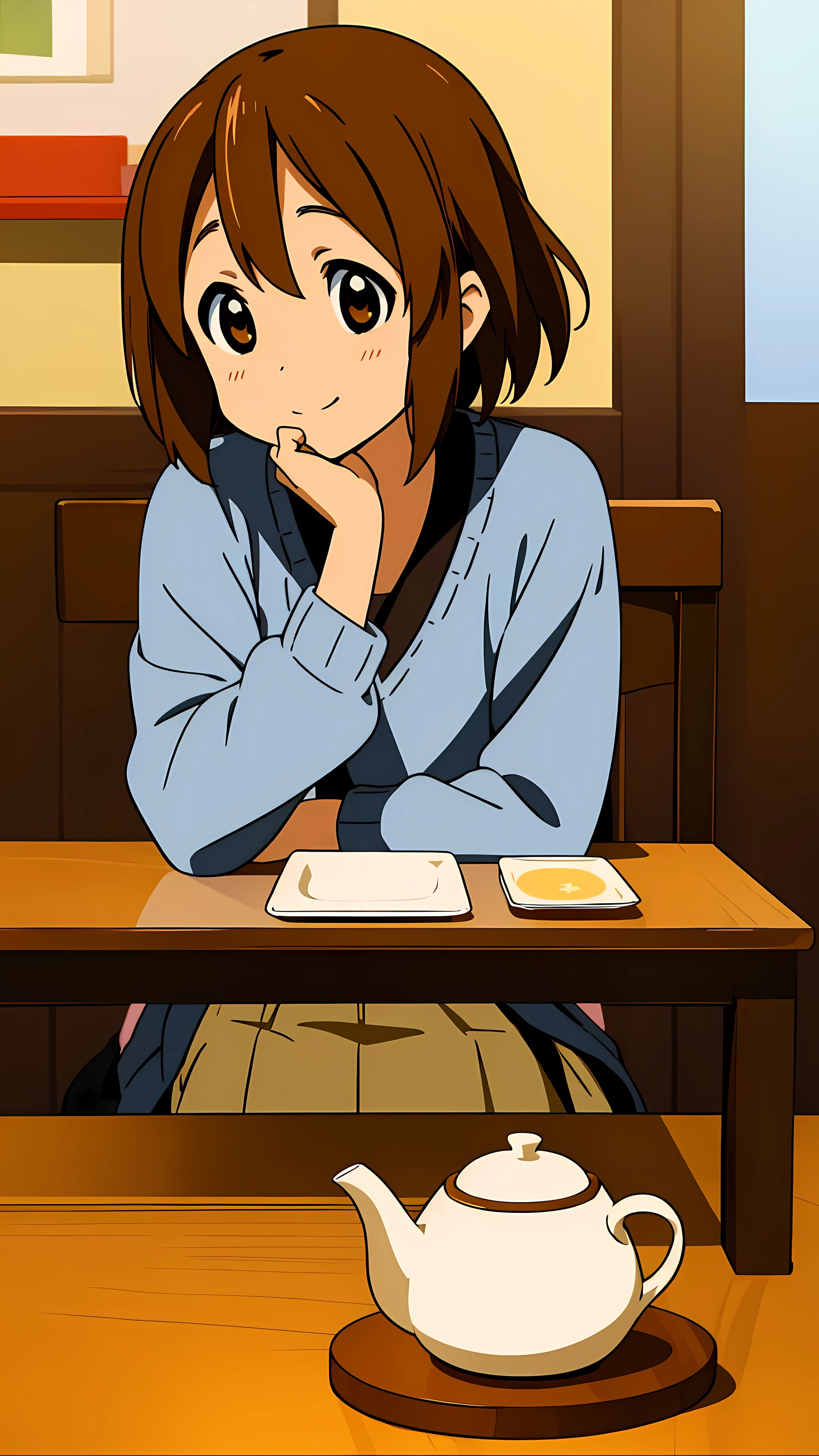 ((Masterpiece)), Hirasawa Yui, 1girl, He laughs, Short body, short brown hair, , Sitting at the table, Hold a cup of tea, school, inside, close up