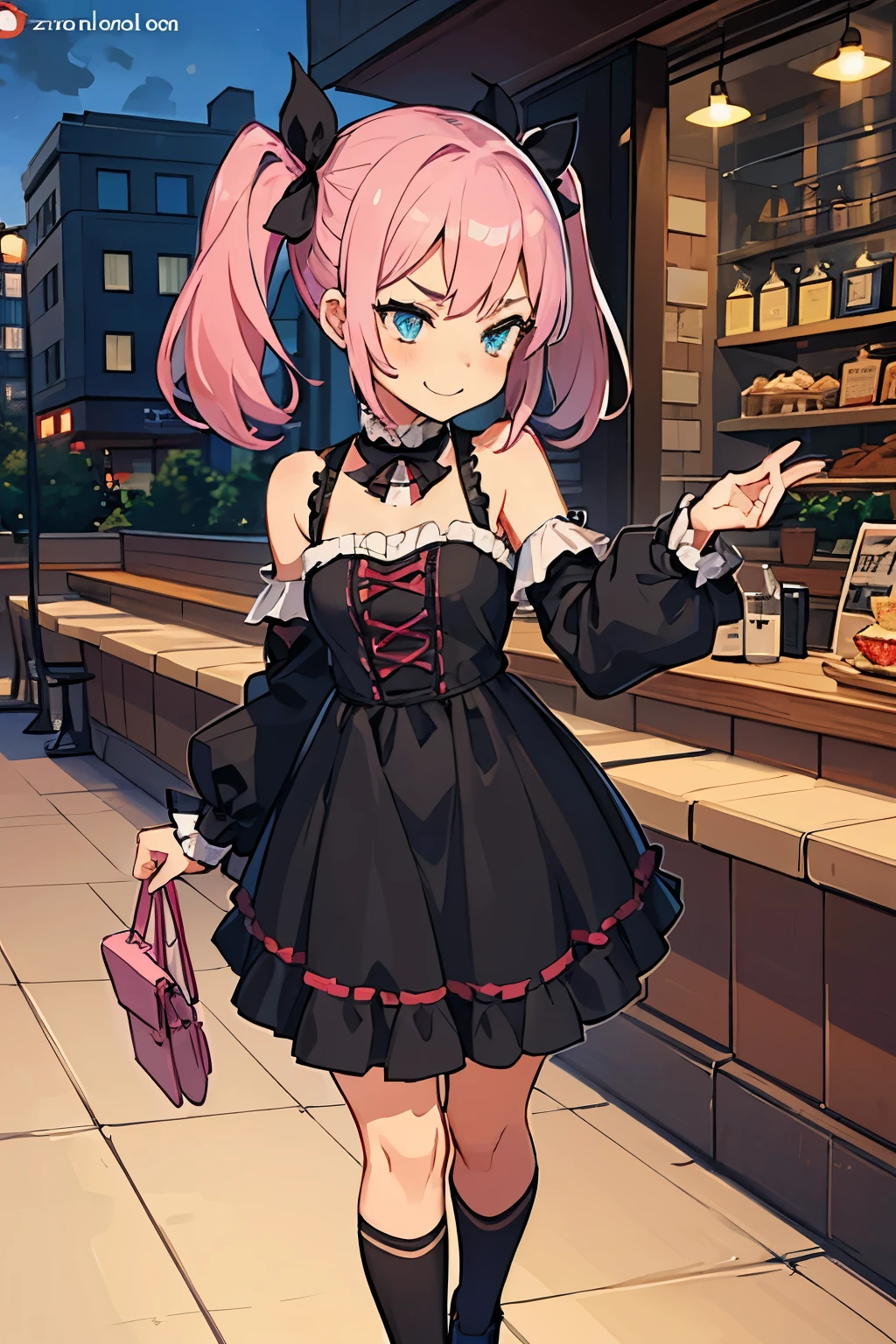 Girl with pink hair, long twin-tail hairstyle, ((small pink bushy eyebrows)), dressed in gothic lolita clothing, lolicon (Zankuro) drawing style by zankuro artist, Zancro style, image uploaded to R34, flirty smile, lifting her dress to show her wide, naked hips, underwear in her hands, breasts out, having sex