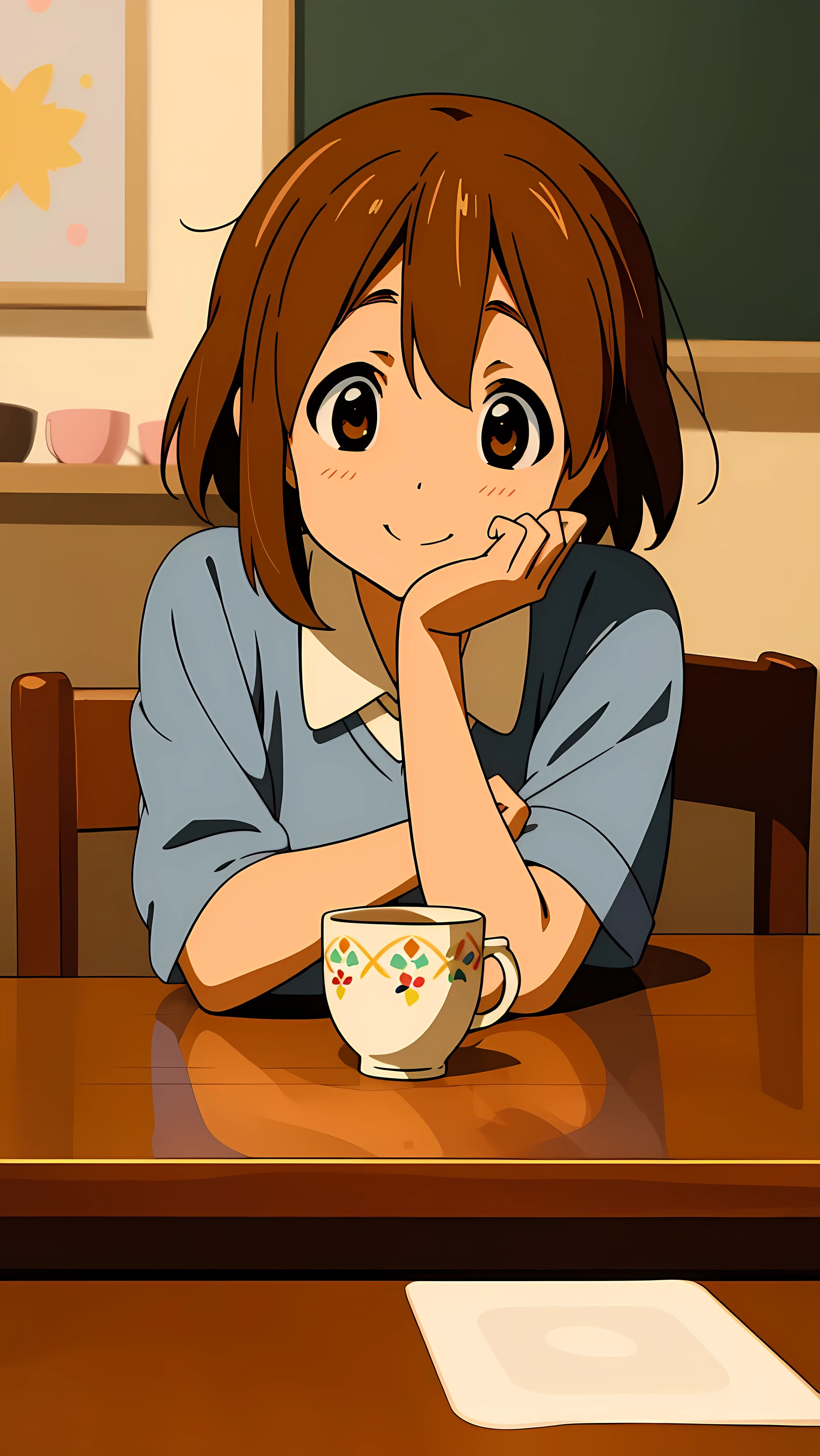 ((Masterpiece)), Hirasawa Yui, 1girl, He laughs, Short body, short brown hair, , Sitting at the table, Hold a cup of tea, school, inside, close up