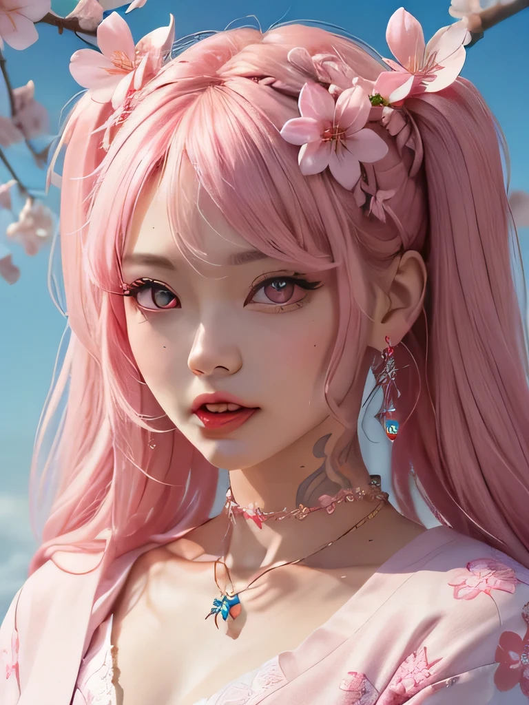 she is the cherry blossom spirit、pink eyes、pink hair、close up of face、pink eyebrows、pink teeth、pink fang、big ears、cherry blossom hair ornament、cherry blossom necklace、Cherry earrings、beautiful clavicle、twin tails、deep pink eyes、pink kimono showing collarbone、cherry blossom fairy、wing、cherry blossom background、blue sky background、red eyes、Cherry Headband、she is a pink fairy、妖精のwing根、stern look、expression of anger、I'angry、cherry blossom tattoo on neck、I can see the fangs of anger、very grim face、Braid、Cherry blossoms at night、