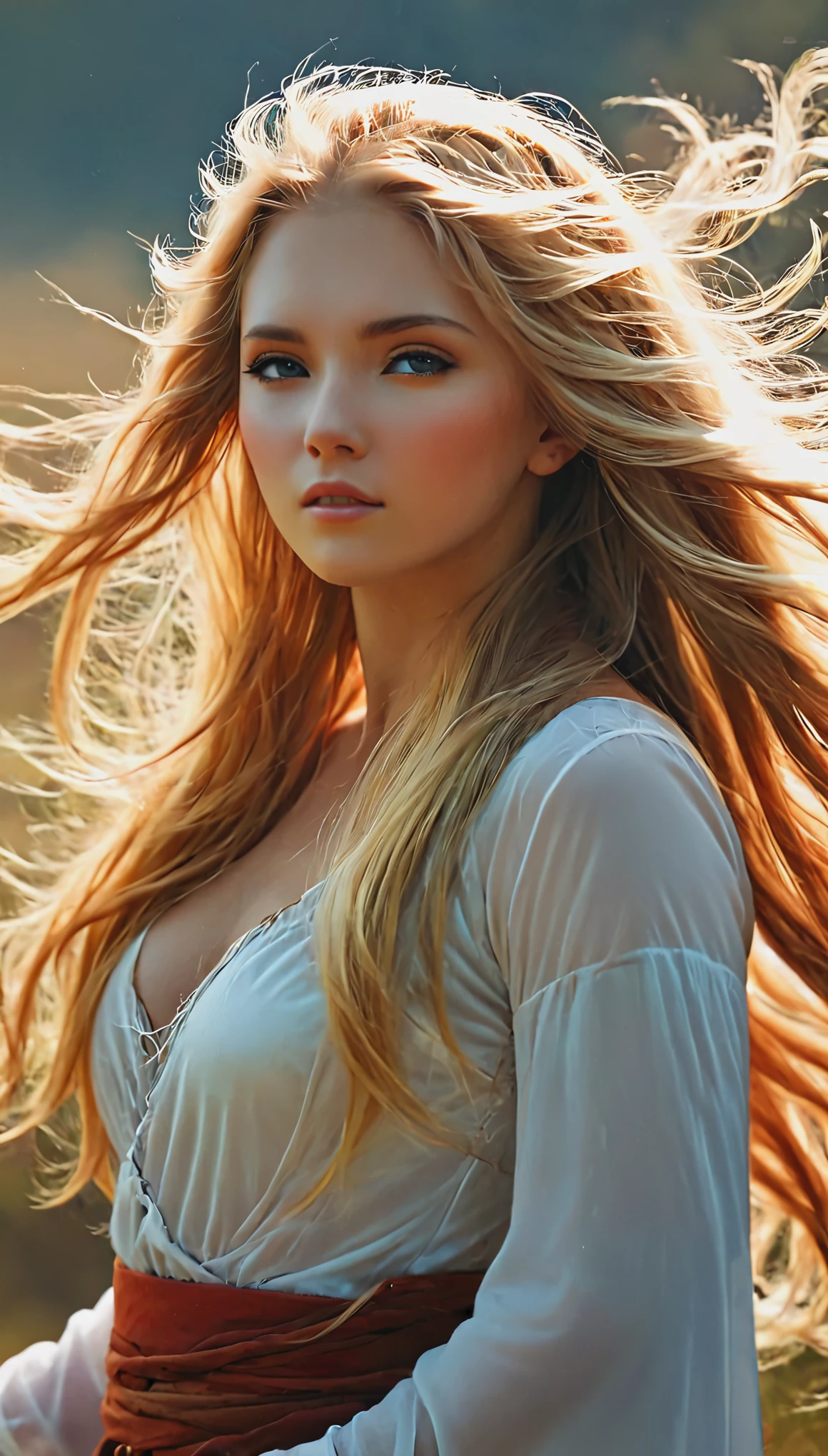 a close up of a woman with a very long hair, Digital Art by Alexander Mann, tumbler, Digital Art, flat chest, Side bust, topless, , The wind ruffles her shirt, Windblown Hair, with long blonde hair, Beautiful upper body, her hair flowing down, Really great images, Beautiful blonde, Very close shot