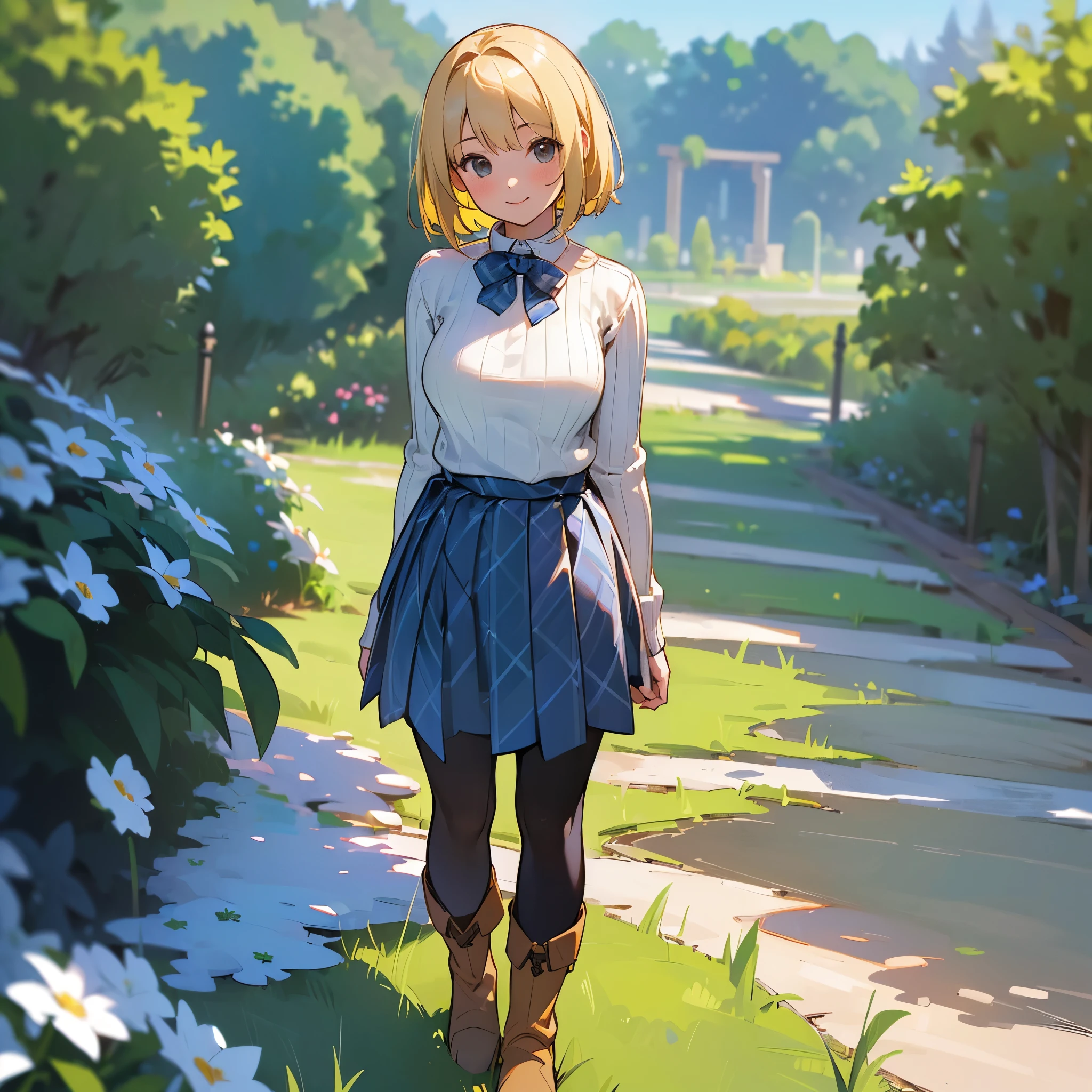 (high quality, High resolution, Super detailed, reality:1.37), peaceful atmosphere, (outdoor, garden), teenage girl standing alone, (my breasts are big.), Beautiful detail features, cute smile, (blonde bob hair), ribbed sweater, blue plaid skirt, black tights, brown boots.