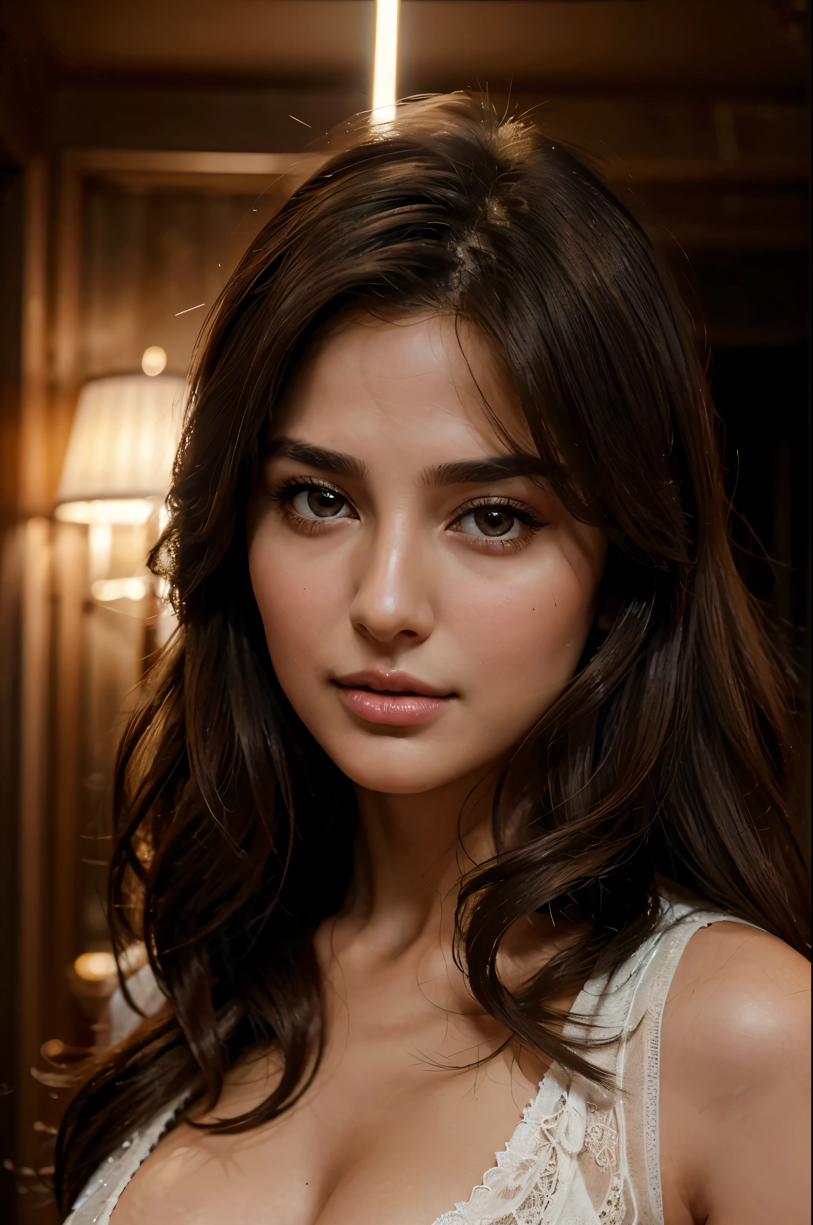 pretty girl 28 years old brown long hair blended beauty between Tuba Büyüküstün Turkish actress and mahlagha jaberi iranian actors black background light gray eyes sexsy  realistic