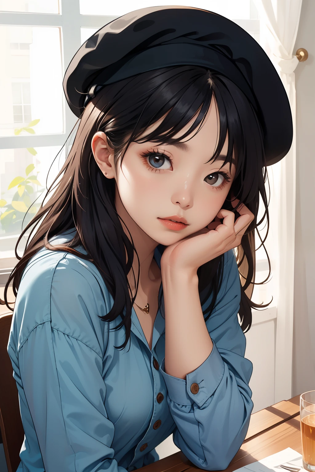 girl sitting at a table with a beret on her head with her hand resting on her chin