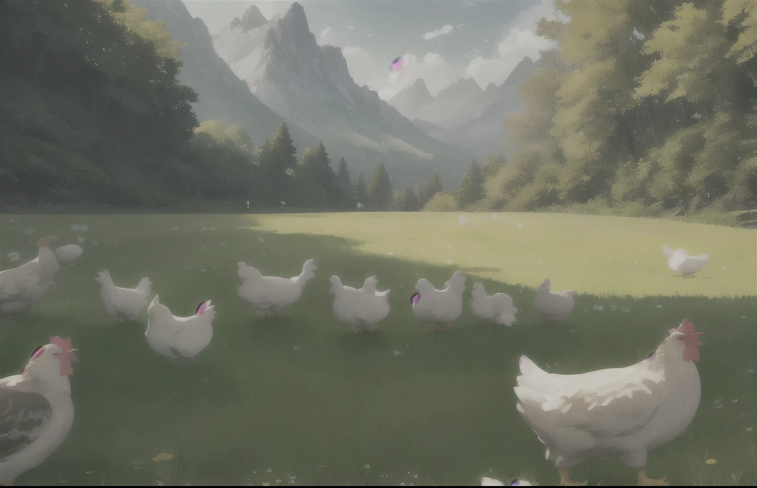 In a green meadow there is a dog in front of a group of chickens RESTING with a brave expression., the dog wants the chickens BREAK BEHIND HER, a green forest stretches and beyond, mountains rise in the distance.
REST The most suitable effect for this scene would be a watercolor painting technique to capture the softness of the meadow and the fluidity of movement..