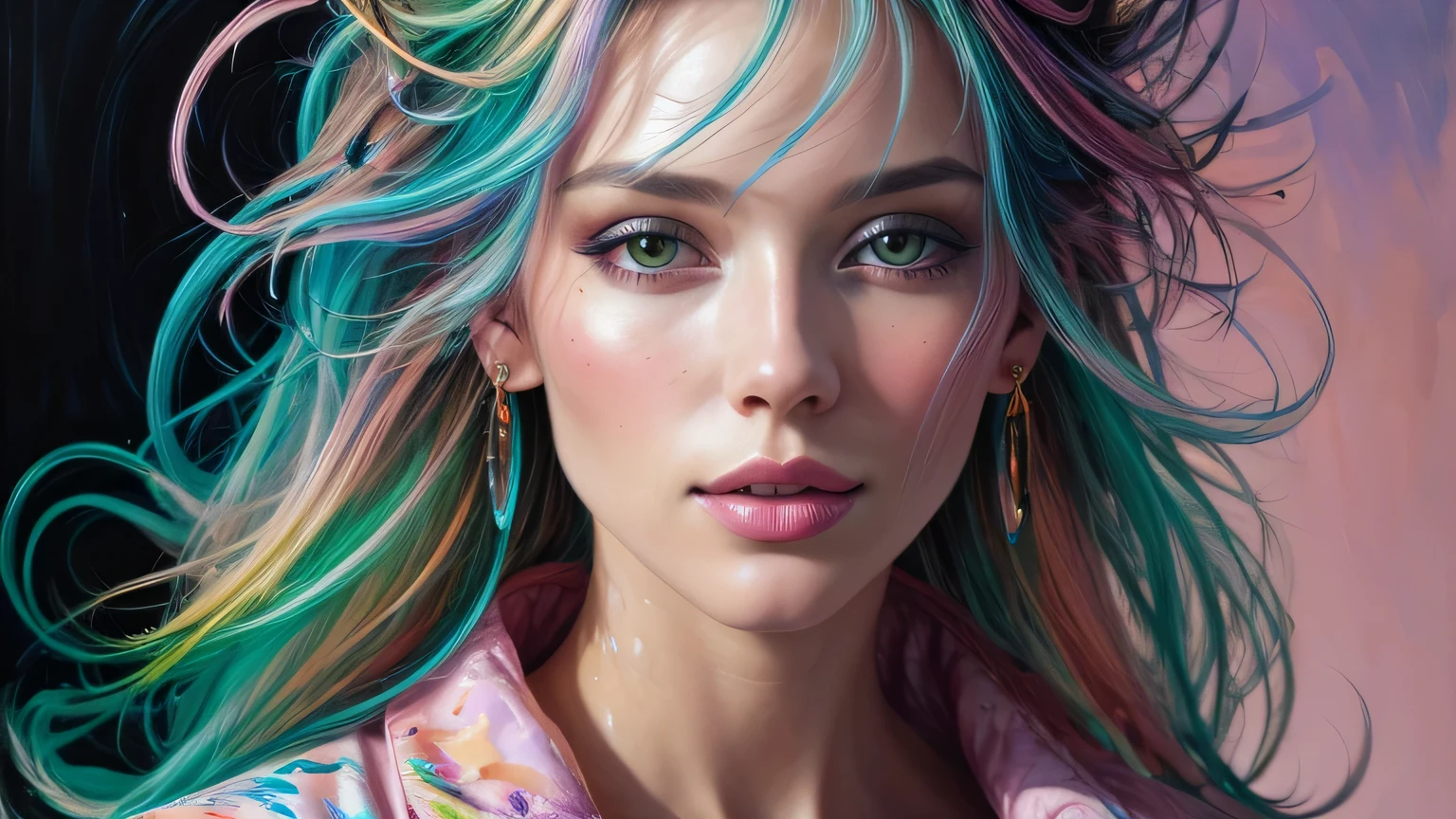 Mulher bonita e colorida: Mulher de 25 anos, Messy hair, oil painting, beautiful and rosto perfeito with soft skin, rosto perfeito, pink green cores, light and violet magnetic additions, light red additions, Doutor, wearing Doutor's coat or suit holding newborn baby on lap intricate details home screen masterpiece in 8k resolution beautiful face photorealistic digital painting artstation smooth fluid black paint: Photorealistic masterpiece in 8K resolution: fluido de pintura em guache intrincadamente detalhado: by John Baptist Mongue: caligrafia : acrylic: Arte em aquarela, fotografia profissional, natural lighting, Ilustra??o fotografica maximalista com ilumina??o volumetric: por Marton Bobzert: complex, elegante, expansivo, Fantastic
