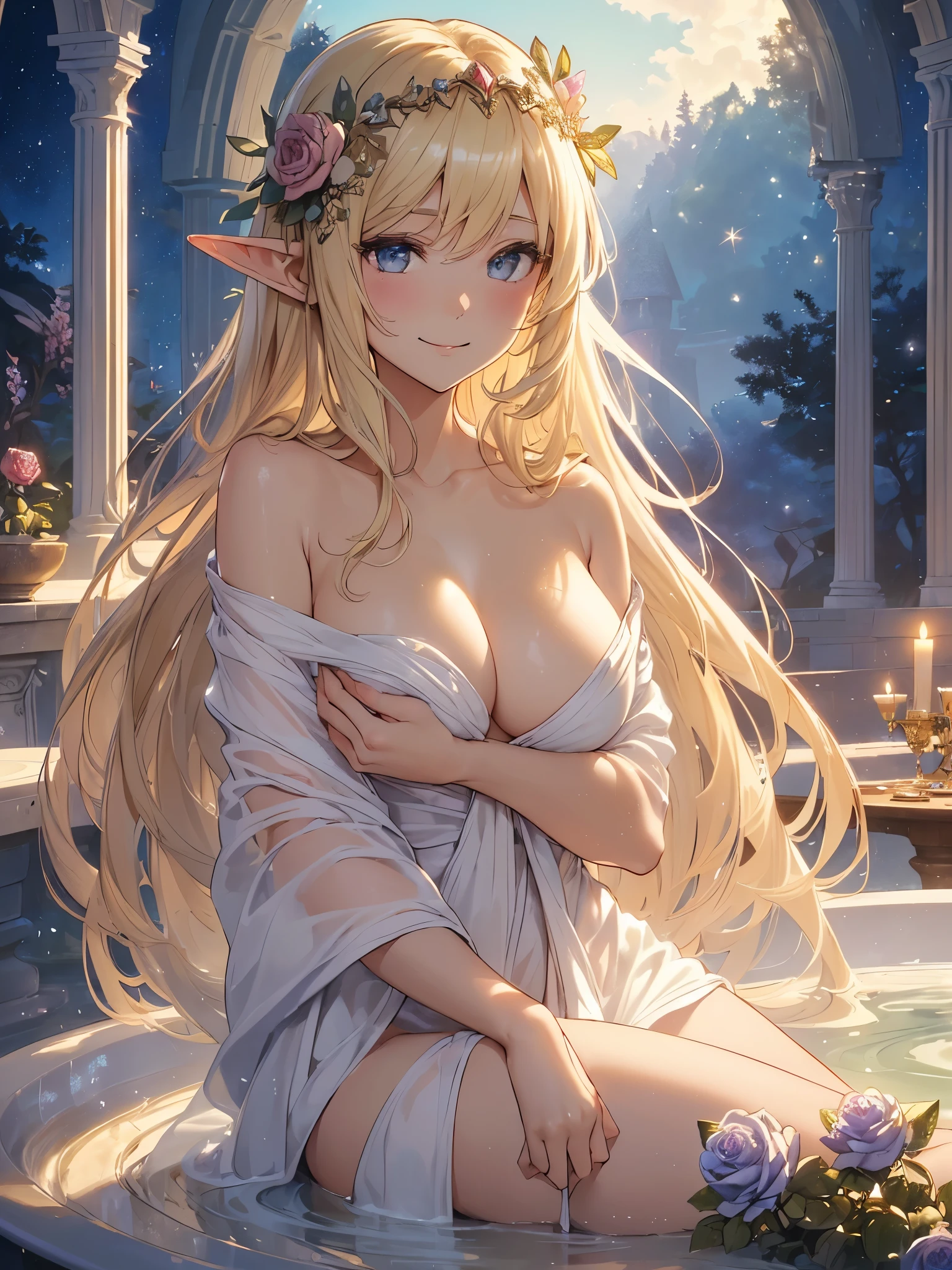 highest quality、Highest image quality、masterpiece、beautiful横顔、、Titania、Super beautiful elf beauty((22 years old OL big bust、bust 90,アイロンのかかったbeautiful長い髪、blonde、Height: 165cm。slender、nude,、full nude,towel、バスtowelで体を包む、hide the nipples、Esbian、beautifulティアラ、night、High quality、beautifulart、background((starry ski)))muste piece、ビジュアルart、Depth of the bounds written、、elf ears、光のmagic、universe、A happy smile、gentle light、Elven Forest、bath、naked、全naked、taking a bath、Bubble、Marble bath、Thermae、elegant、ティッカーbeautiful装飾的な、marble columnystical rosa、Rose、 the sky、beautifulドレッシーな、beautiful、table、giant galaxy、myth、ART、Lord of the Ring、sexy、friendly smile、Fantastic、universeのmagic、、magicの光、fantasy、flower、super REALITYたくさんのRose、magic、universeを飛ぶ、、Grow fantasy、、mysteryの光、byzantine、Art nouveau、alphonse Mucha、、art、art,mystery,UHD,magicalgentle light,sexy、