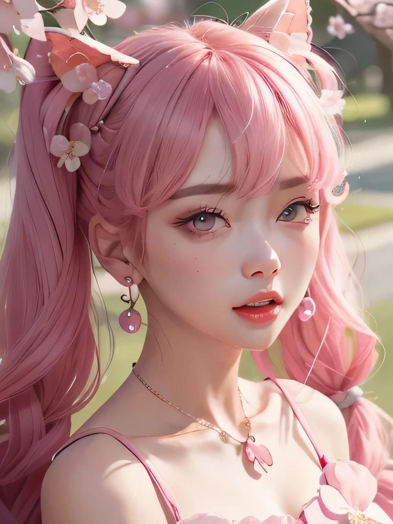 she is the cherry blossom spirit、pink eyes、pink hair、close up of face、pink eyebrows、pink teeth、pink fang、big ears、cherry blossom hair ornament、cherry blossom necklace、Cherry earrings、beautiful clavicle、twin tails、deep pink eyes、pink kimono showing collarbone、cherry blossom fairy、wing、cherry blossom background、red eyes、Cherry Headband、she is a pink fairy、妖精のwing根、stern look、expression of anger、I'angry、cherry blossom tattoo on neck、I can see the fangs of anger、very grim face、Braid、夜cherry blossom background、