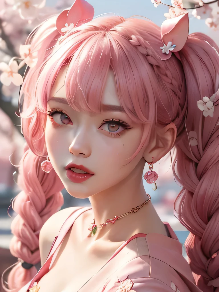 she is the cherry blossom spirit、pink eyes、pink hair、close up of face、pink eyebrows、pink teeth、pink fang、big ears、cherry blossom hair ornament、cherry blossom necklace、Cherry earrings、beautiful clavicle、twin tails、deep pink eyes、pink kimono showing collarbone、cherry blossom fairy、wing、cherry blossom background、red eyes、Cherry Headband、she is a pink fairy、妖精のwing根、stern look、expression of anger、I'angry、cherry blossom tattoo on neck、I can see the fangs of anger、very grim face、Braid、夜cherry blossom background、