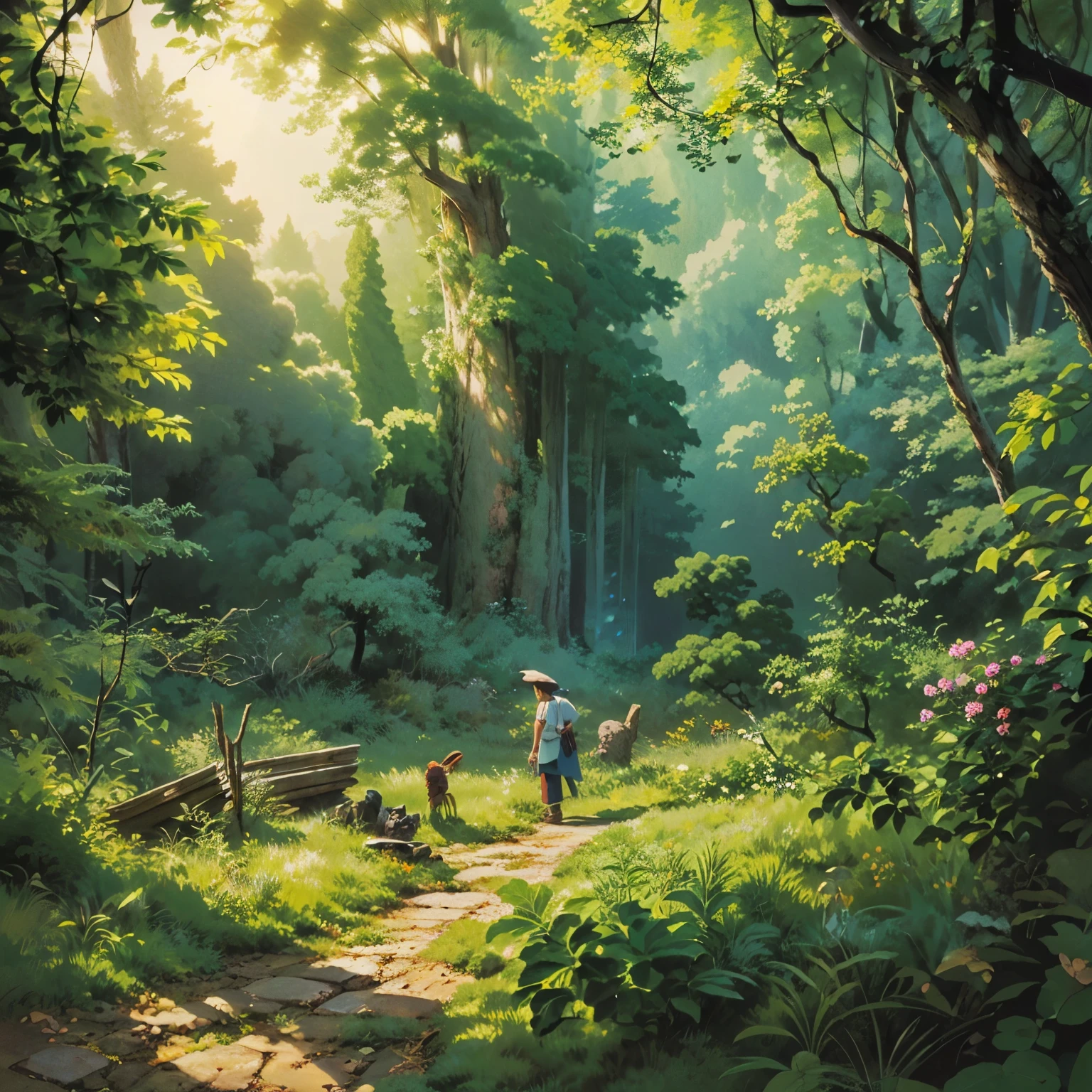 动漫illustration art，complex的植物 陽光透過樹冠，Creates a mottled effect. Yoshitaka Amano and Hayao Miyazaki&#39;style, masterpiece, Proportion, detail, illustration art, beautiful lights, actual, complex, Award-winning, 4K, highest quality Award-winning, Yoshitaka Amano style 4K digital. A detailed and complex 美丽的灯光和电影构图，
