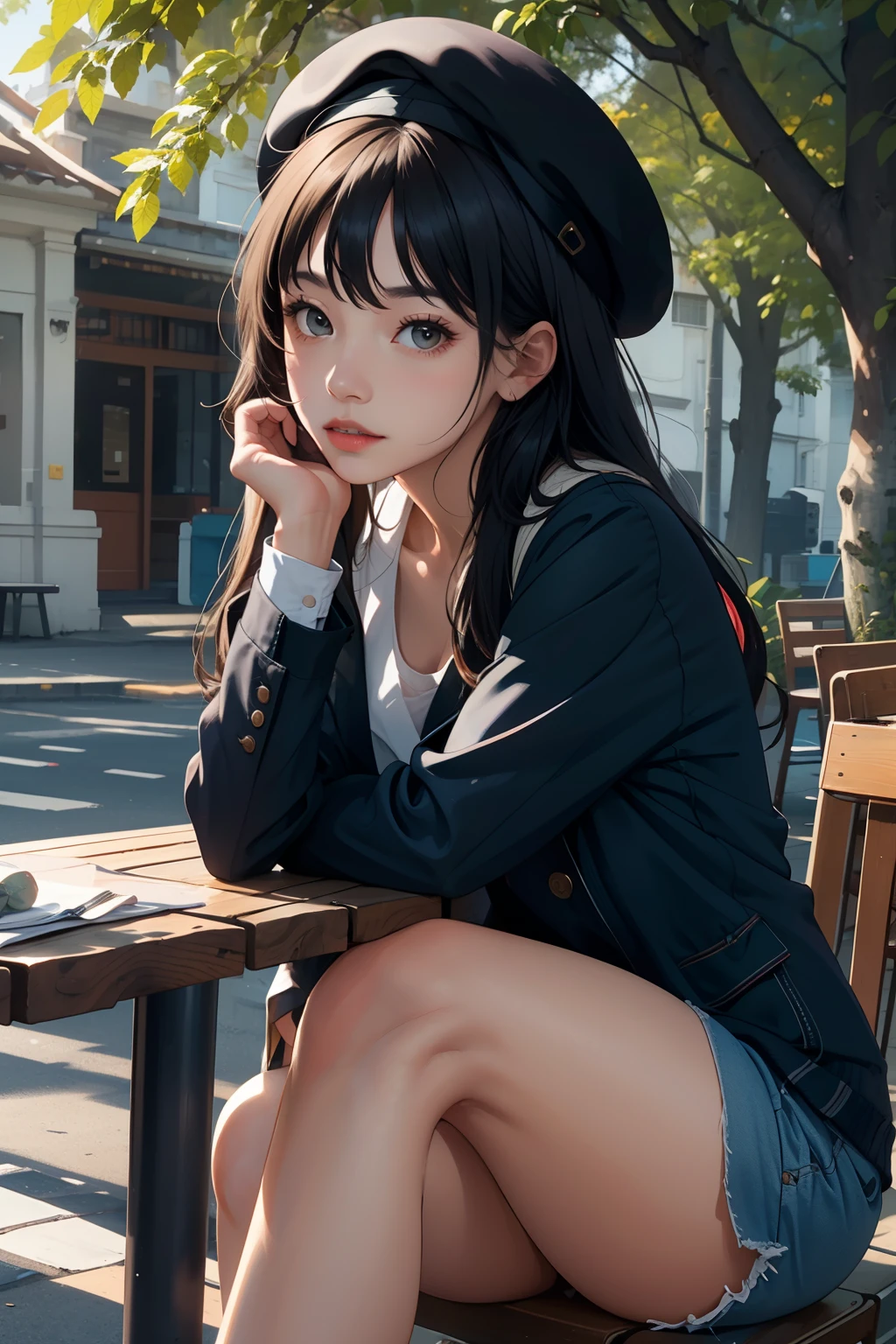 girl sitting at an outdoor table with a beret on her head with her hand resting on her chin with her legs crossed