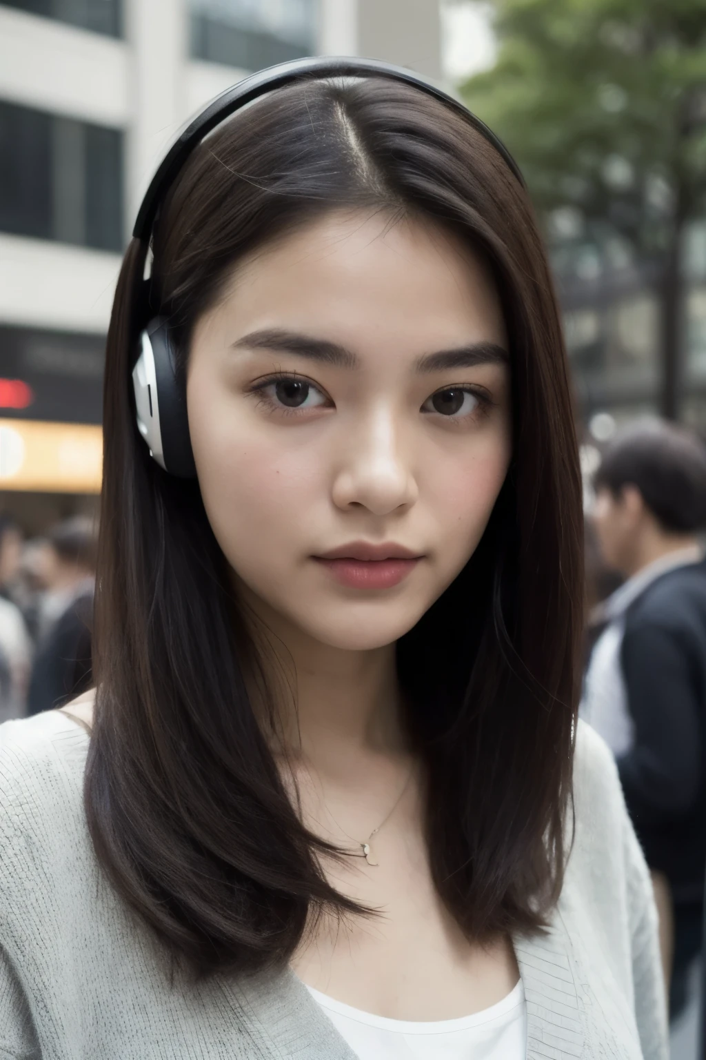 ((highest quality)), ((masterpiece)), (be familiar with), perfect face,casual fashion、Shibuya、A woman listening to a music device