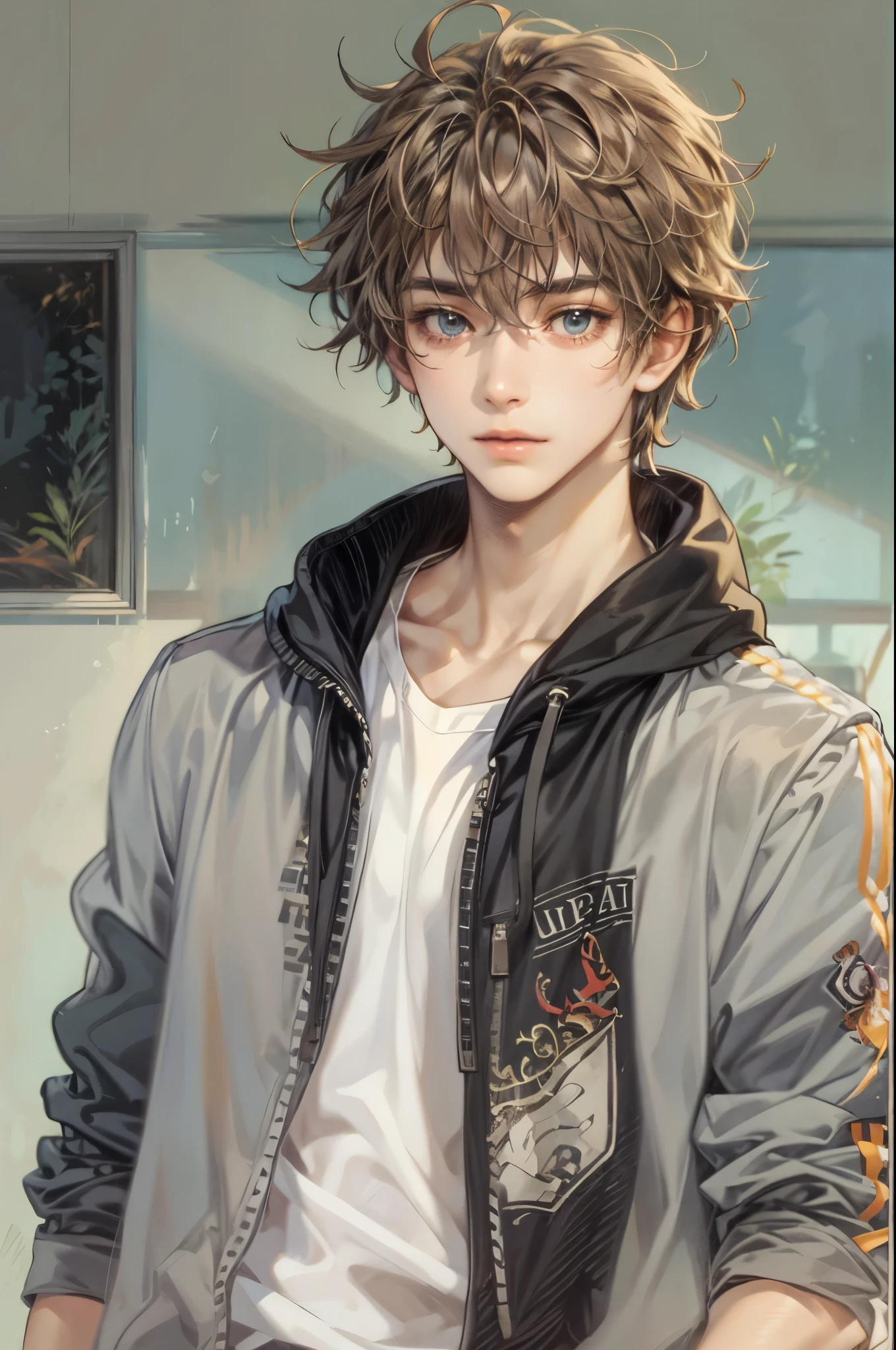 (masterpiece, best quality) character from highschool musical, handsome boy, anime face, with short hair, stylish clothes , modern home interior details