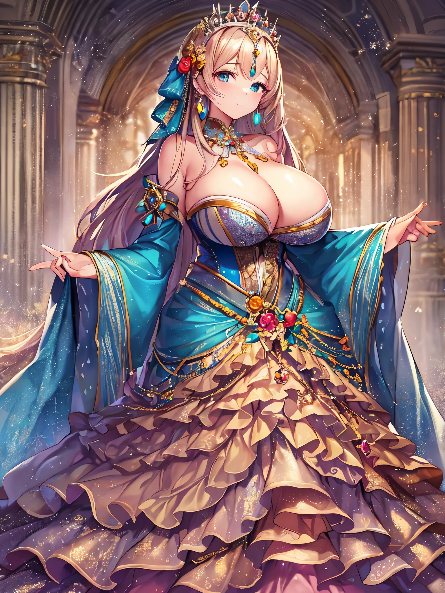 ((anime artstyle)),(((absurdres, Full-HD))),(Masterpiece),(Best Quality),(Super Detail),((Very Delicate and Beautiful)),cinematic lighting,Solo,full body,((full body shot)),((1 gorgeous bling-bling princess)),detailed face and eyes,jewel-like eyes,(((absurdly gigantic tits,cleavage,curvy))),Skindentation,((fantasy castle,outdoor)),((crinoline,long train)),super detailed gorgeous princess rococo ballgown with voluminous full length hoop skirt and long train,((bling-bling gorgeous rococo ballgown with beautiful embroidery and jeweled)),((large amount of straight hair, absurdly long hair,Very Long Straight Hair)),extremely gorgeousfull hair ornament,(bling-bling extremely gorgeousfull jeweled tiara),luxurious jewelry,full body shot,((bling-bling gorgeous rococo ballgown with voluminous full length hoop skirt))