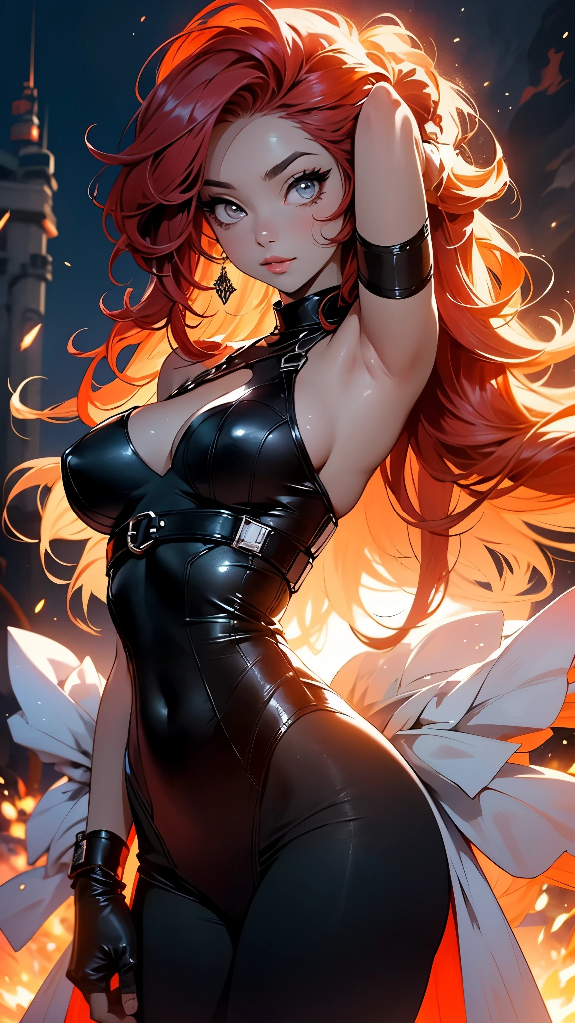 HD 8K quality ，A sexy beauty， Whitening skin，Beautiful and moving big eyes，wearing a stylish and edgy outfit，Strike seductive poses，red tinted hair，long whitr hair，Large curls，Background: the setting sun，Burning clouds，air castle，mirage。