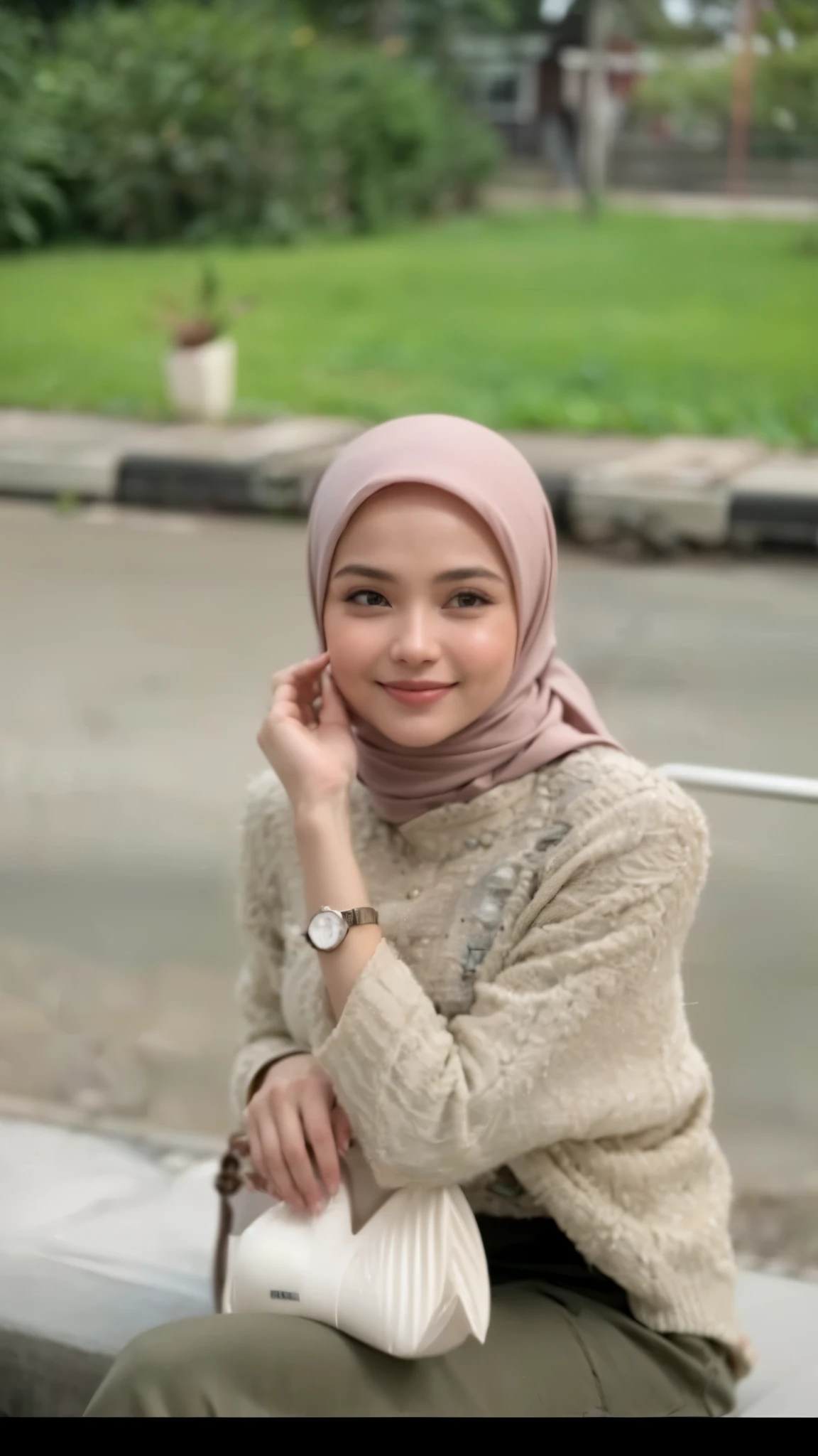 masterpiece, (ultra-high-definition portrait, vignet:1.4), Realistic, extremely detailed, CG unified, 8k, Clean lines, highly detailed, High-definition, raw color photos, she is smiling, Realistic portrait, Cinematic Light, Beautiful detailed, (1hijabgirl, indonesian:1.5), (165cm tall, big breasts with lips like she wants to kiss:1.5), Beautiful big breasts, breasts details, very tight, (Biggorgeous breast, Smiling:1.5), (Smiling, Big Breast:1.4), Close up of a girl in Beautiful clothes with errected nipple, biggorgeous breast, Soft smile, scarf, (Bombastic Side Eyes with curvaceous body:2), pose 4 of 1 6, Undress, No bra, (nipples that are clearly sticking out detail:1.2), Outdoors, high intricate detailed.