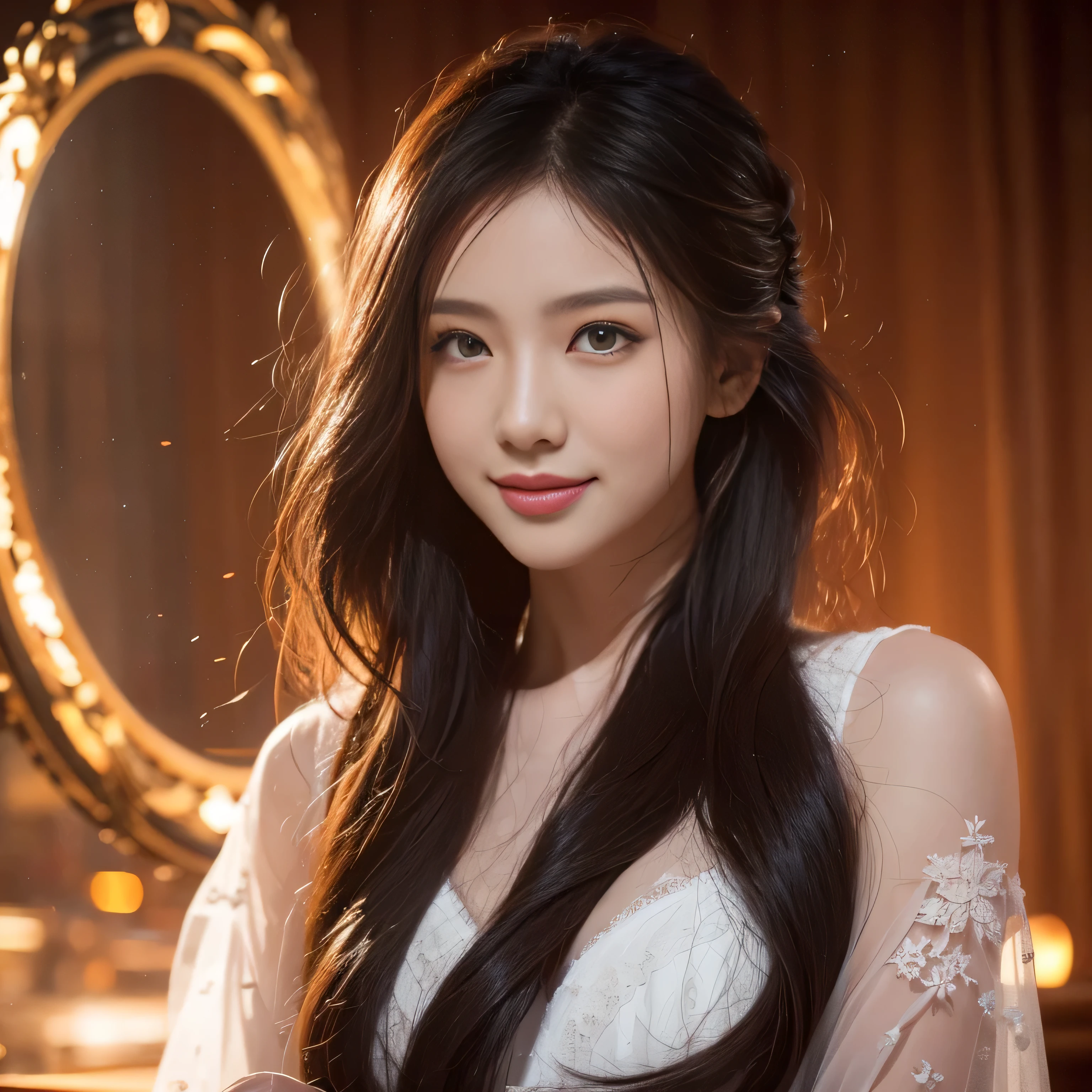 beautiful woman,The details of the appearance are very high... ,Long black hair flowing into the air... ,ผมติดelectricityเล็กน้อย,sexy white,red lace dress ,hot,hotมากๆ ,hotเหี้ยๆ, electricityลุก , Highly detailed ,electricity ,electricityลุกทั่วบริเวณ ,It has very high resolution.. ,High quality 64k,Please smile. ,look at the audience.
