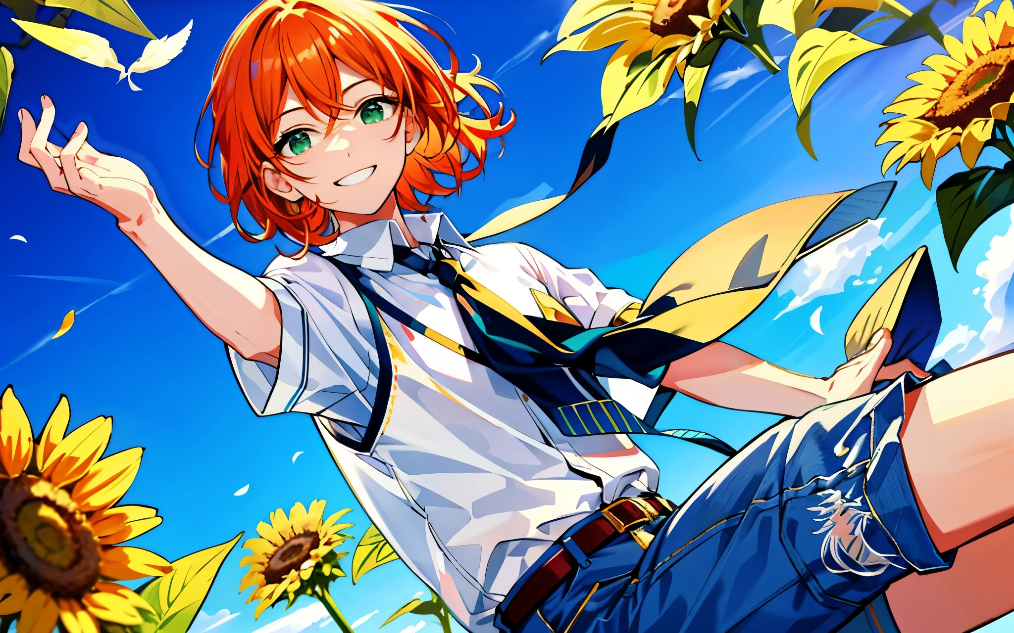 highest quality、perfect face、very detailed、very delicate、男alone,solo、 detailed face、golden ratio face、Gentle sunlight falls on my face,white collared shirt、ブルーのshorts、shorts、jeans、summer、Sunflowers are in full bloom、orange hair、medium hair、center division、green eyes、alone、fine eyes、detailed background、smile、take a look here、petal、blue sky、High level image quality、delicate fingers and hands、whole body、upright