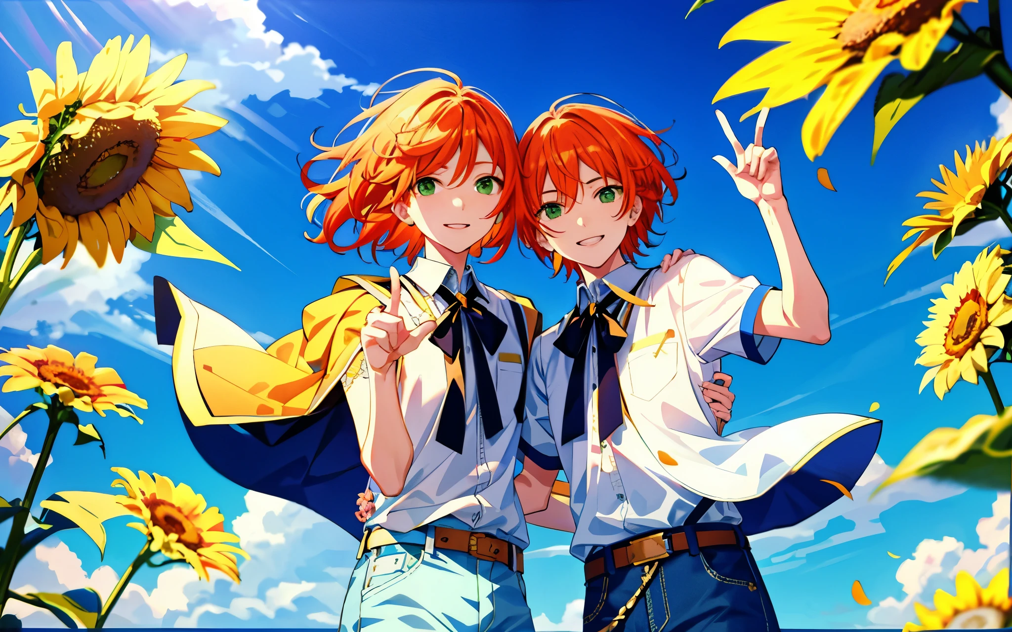 highest quality、perfect face、very detailed、very delicate、男alone,solo、 detailed face、golden ratio face、Gentle sunlight falls on my face,white collared shirt、ブルーのshorts、shorts、jeans、summer、Sunflowers are in full bloom、orange hair、medium hair、center division、green eyes、alone、fine eyes、detailed background、smile、take a look here、petal、blue sky、High level image quality、delicate fingers and hands、whole body、upright