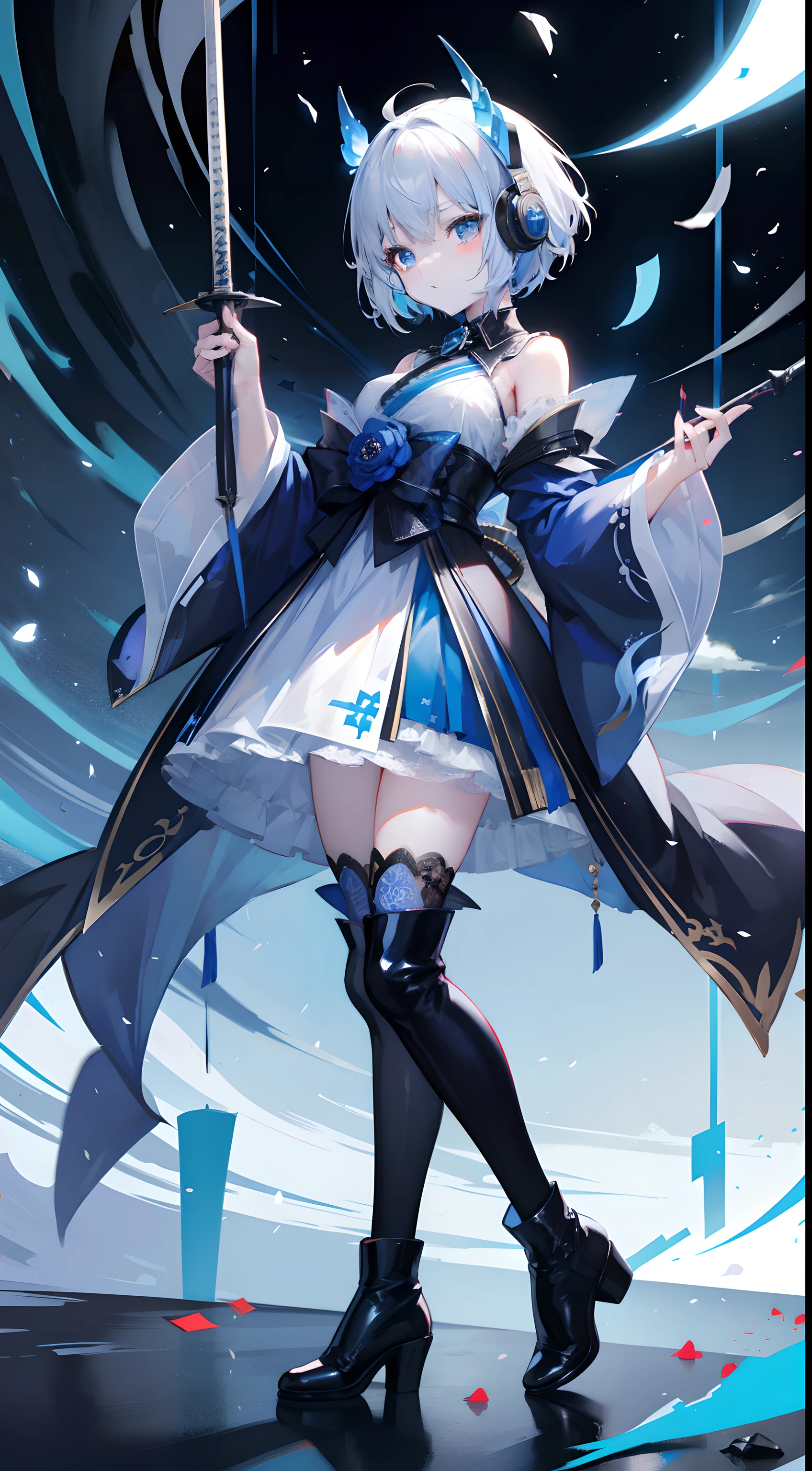 short hair、Gothic、Lolita, Japan、Hold the sword、confetti、earphone、hot pants、blue flame、One picture can be seen completely black boots Frontal composition