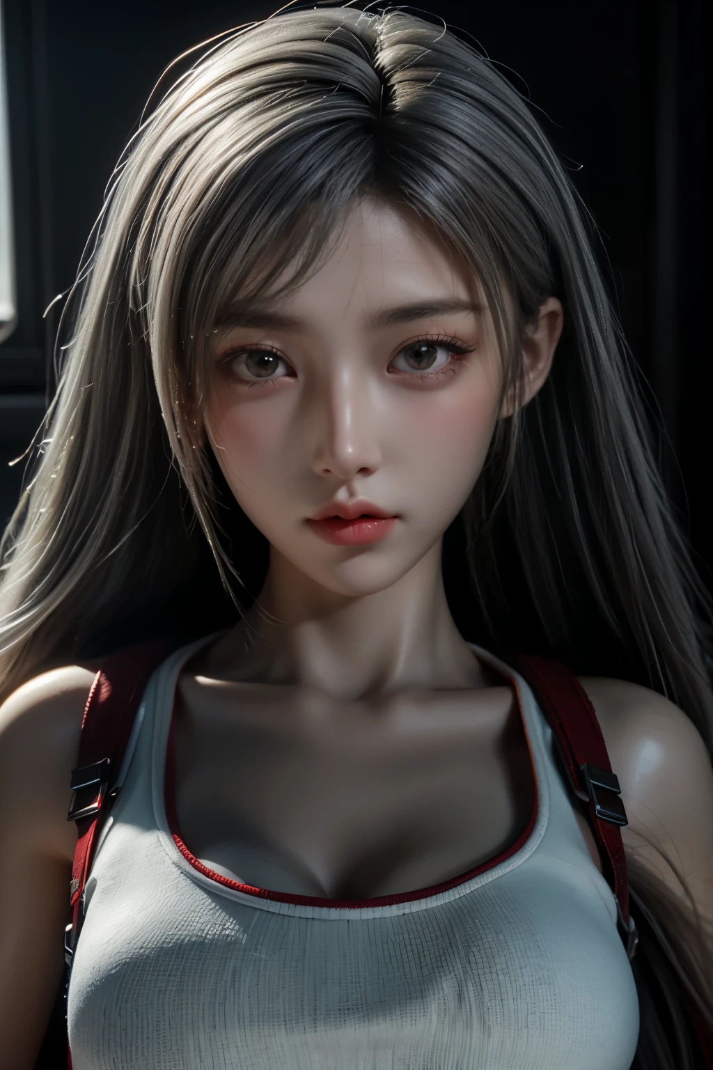 Masterpiece,Game art,The best picture quality,Highest resolution,8K,(A bust photograph),(Portrait),(Head close-up),(Rule of thirds),Unreal Engine 5 rendering works,
20 year old girl,Short hair details,With long bangs,(white hair),red eyes,Elegant and elegant,(Large, full breasts),(Wearing a white coat,Red suspender underwear),shut your mouth,serious yet charming,(scholar),photo poses,Sci-fi style laboratory,white room,
Movie lights，Ray tracing，Game CG，((3D Unreal Engine))，OC rendering reflection pattern