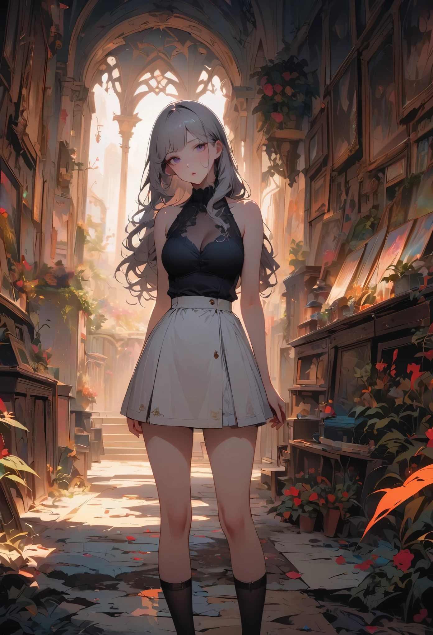 1 girl, alone, long hair, Eye, skirt, white skirt, white hair, looking at the audience, light particles, shut your mouth, indoors, , sleeveless, bare shoulders, Bangs, , head tilt,black Rose, 美丽细致的Eye, 1 girl, (8K, original photo, best quality, master:1.2), (actual, photo-actual:1.37), alone, super detailed, long shot, beautiful background,,there is none left内衣,there is none left.(perfect hands, Have perfect legs,perfect feet,perfect anatomy),Silky feet,black pantyhose,M type,transparent,big breasts,long legs,,low cut,take off shoulders,lift your legs,correct body posture,right leg shape,correct body proportions,correct thigh,suitable shoes,