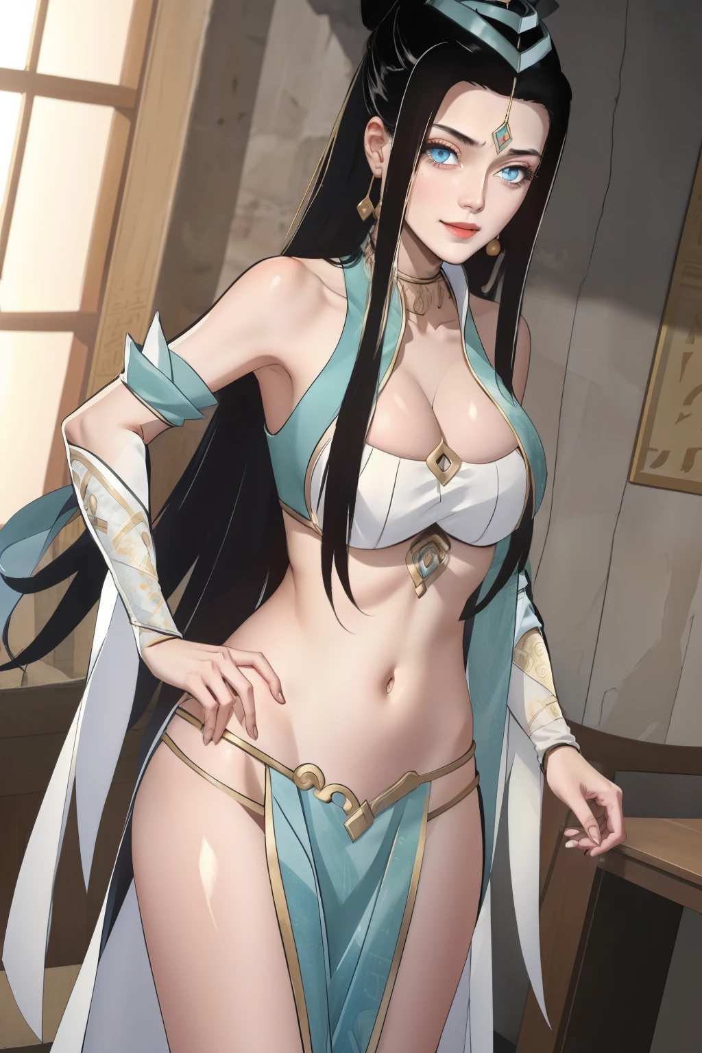 (1girl),   suqingge, 1girl, solo, long hair, black hair,  jewelry, earrings,  large breasts, blue eyes, masterpiece, best quality, highly detailed ,glint,halterneck,gold_choker, complex detailed background,
inside, stone wall, ancient interior, ancient egyptian room, hieroglyphs, dark lighting, dark
atmosphere, (cowboy shot), holding a sword, sword, belly_chain,harem_outfit,navel, necklace,
pelvic_curtain,revealing_clothes, veil，masterpiece,best quality,1girl,mature,evil smile, smile,
female,mature,necklace,pendant, (nsfw) not safe for work, exposed belly, exposed navel, exposed
midriff, exposed lower belly, navel piercing