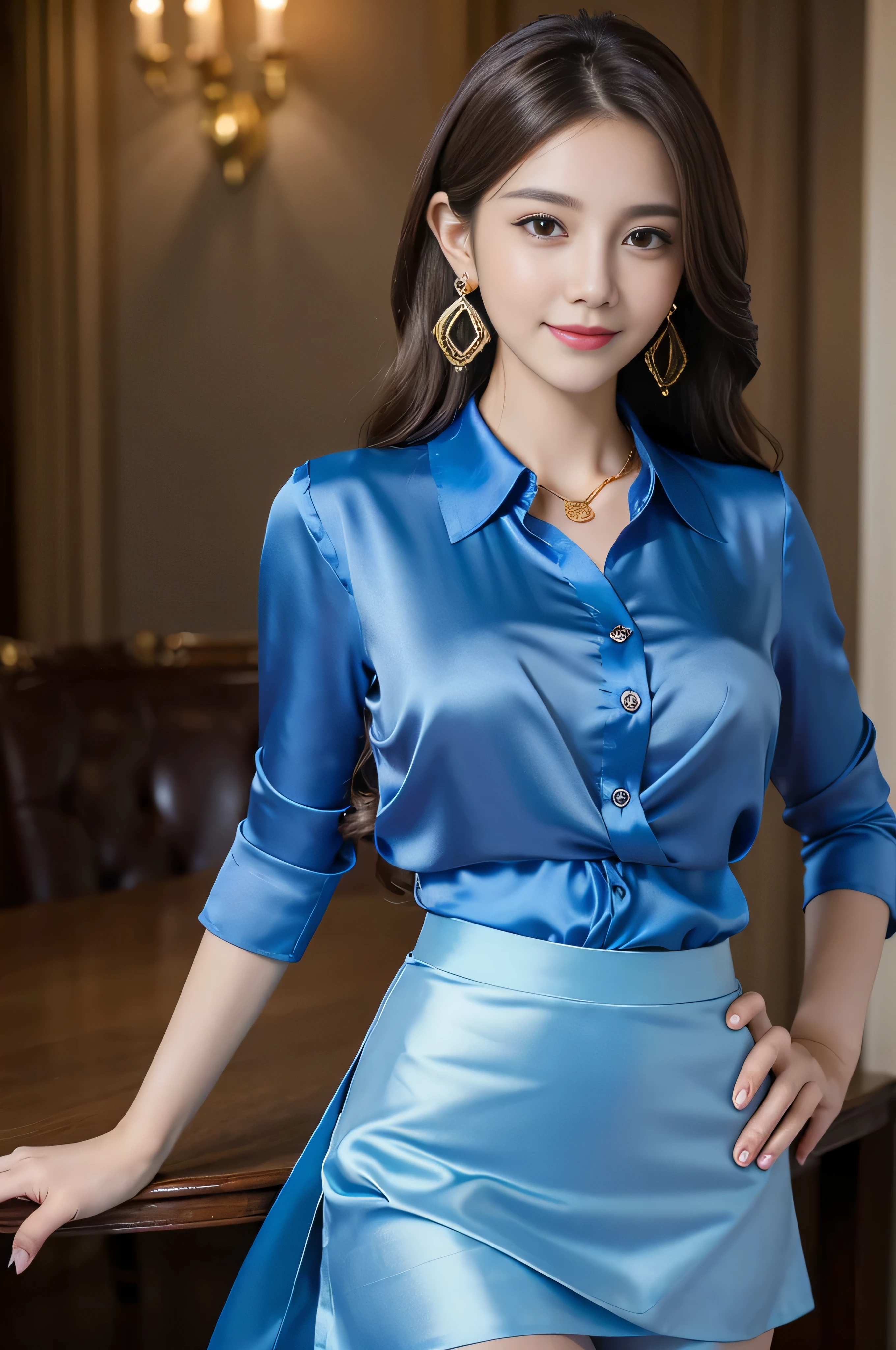 table top, highest quality, realistic, Super detailed, finely, High resolution, 8k wallpaper, 1 beautiful woman,, sharp focus, perfect dynamic composition, beautiful and detailed eyes, thin hair, Detailed realistic skin texture, smile, close-up portrait, model body shape、president'secretary of、mini skirt、high heels、whole body、suit,((Super long brown hair:1.2))((Hair with loose waves on the inside:1.2)),((gold necklace_Larger earrings:1.2)),((shy smile:1.3)),((blouse and skirt, wearing a blue silk blouse, Please wear a blue shirt and blue skirt,shirt inside skirt:1.3)), 、whole bodyショット、((立っているwhole body図スーパーモデル, whole bodyがフレーム内に収まる))、in a luxurious room、