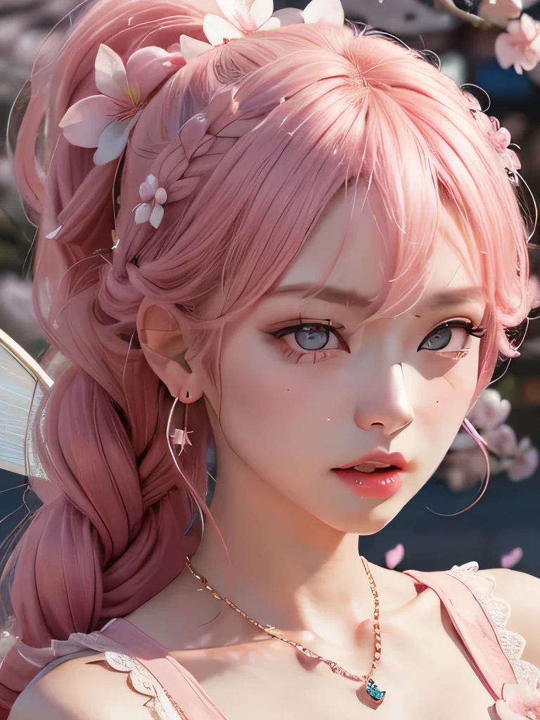 she is the cherry blossom spirit、pink eyes、pink hair、close up of face、pink eyebrows、pink teeth、pink fang、big ears、cherry blossom hair ornament、cherry blossom necklace、Cherry earrings、beautiful clavicle、ponytail、deep pink eyes、pink kimono showing collarbone、cherry blossom fairy、wing、cherry blossom background、red eyes、Cherry Headband、she is a pink fairy、妖精のwing根、stern look、angerの表現、anger、cherry blossom tattoo on neck、angerの牙が見える、very grim face、Braid、night background、