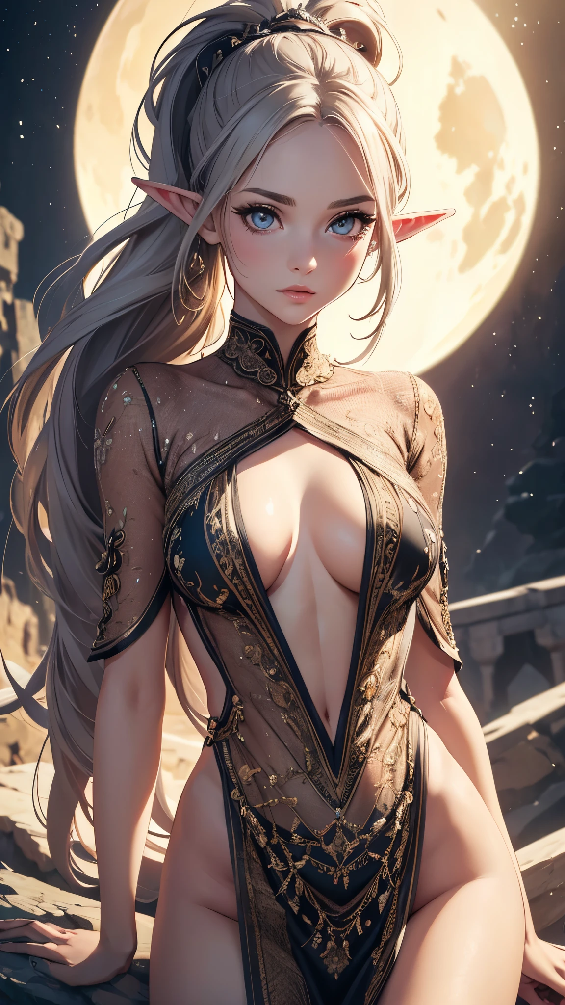 (best quality,4k,8k,highres,masterpiece:1.2),ultra-detailed,(realistic,photorealistic,photo-realistic:1.37),portrait,(beautiful,detailed:1.1) eyes,(beautiful,detailed:1.1) lips,(extremely,detailed:1.1) eyes and face,long eyelashes,hairstyle(ash-colored ponytail),half-elf,figure,model,long legs,elongated face,sexually suggestive pose,incredible beauty,background:space
