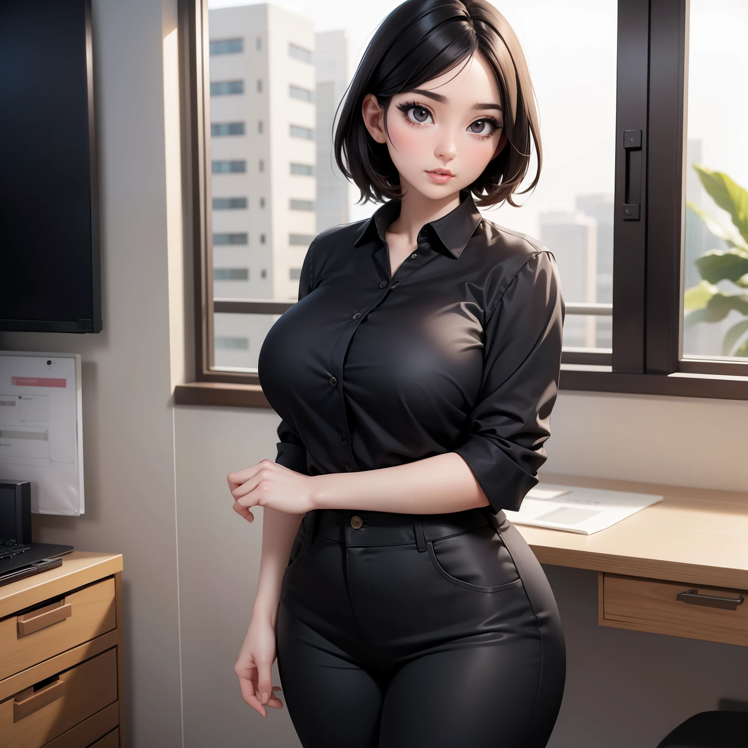 Woman, One, 30 Years old, Japanese, Fat, Pale skin, Big breasts, Large breasts, Natural breasts, Thick thighs, Makeup, Beauty face, Wide jaw, Black hair, Short hair, Office shirt, Office pants, Intricate clothes, Full body, Standing, Office, Cinematic light, Masterpiece, Realism